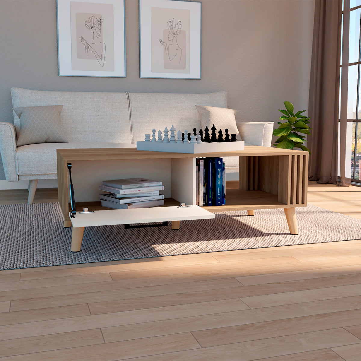 Mesa de centro rectangular fresno europeo y capri en MDP 120x60 cm