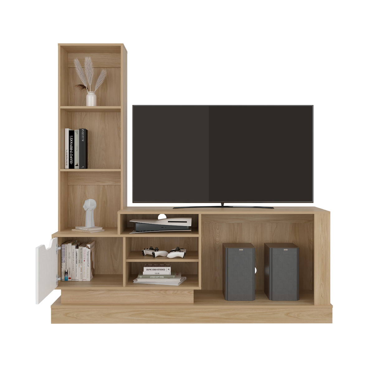 Centro de Entretenimiento Blake Fresno y Blanco 177.7x181.4cm para TV Hasta 55" Pulgadas con Ranura para Cables y con Siete Compartimientos