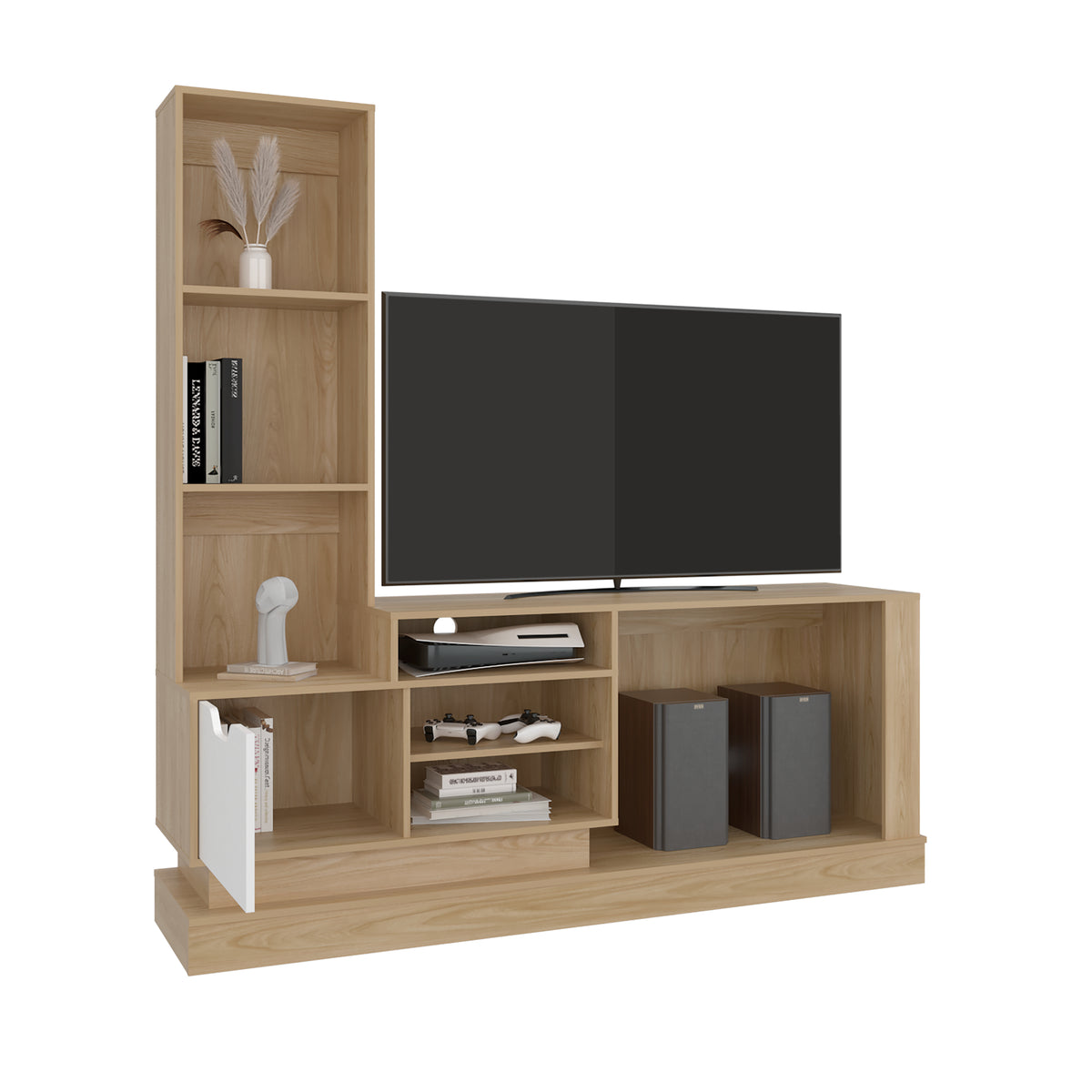 Centro de Entretenimiento Blake Fresno y Blanco 177.7x181.4cm para TV Hasta 55" Pulgadas con Ranura para Cables y con Siete Compartimientos