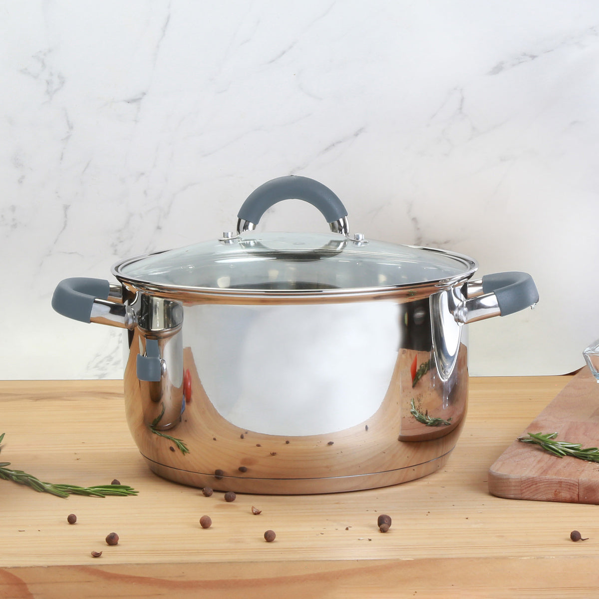 Olla plateada Home Elements en acero inoxidable 38 L con tapa de vidrio antiadherente