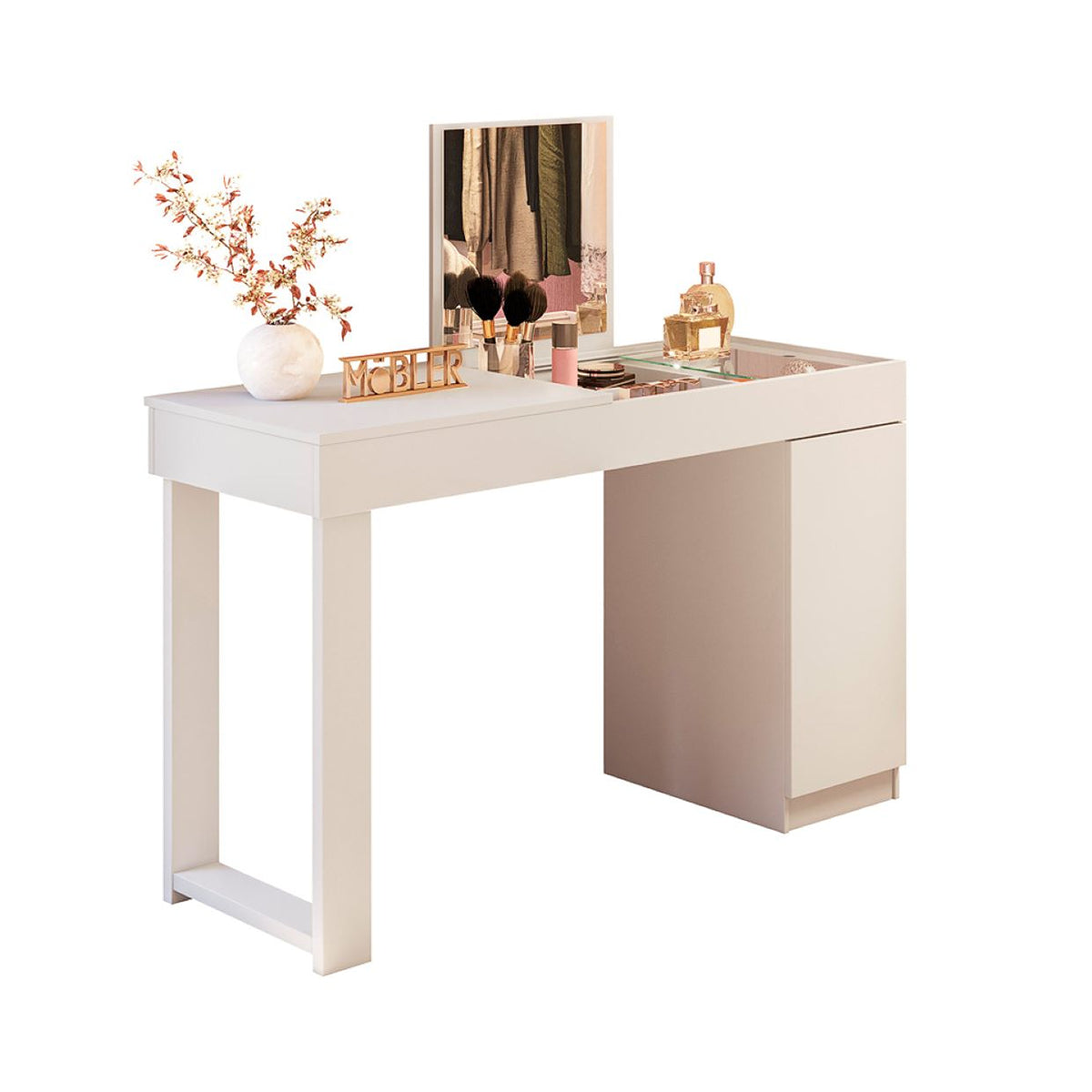 Tocador Blanco 121x75cm de Un Puesto con Dos Cajones con Espejo y Sin Silla
