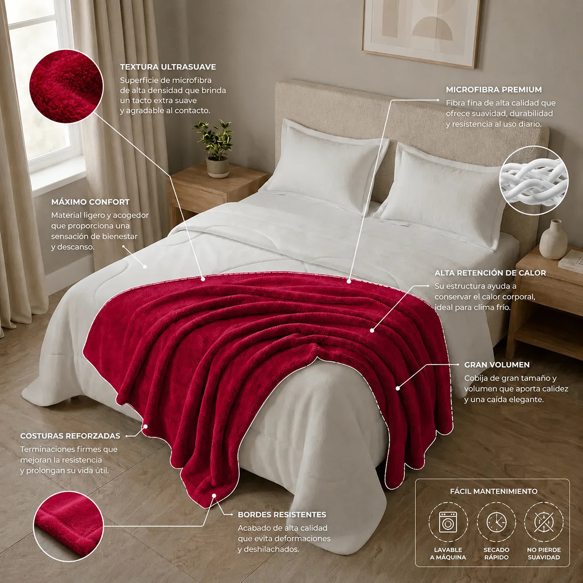Cobija Piel de Durazno Soft Rojo Escarlata 180x200cm Fondo Entero Térmica