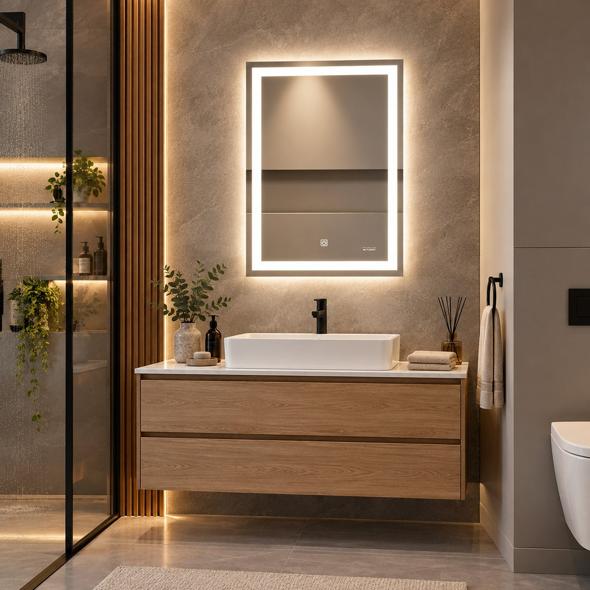 Espejo de baño LED plateado rectangular 70x50 cm con control táctil