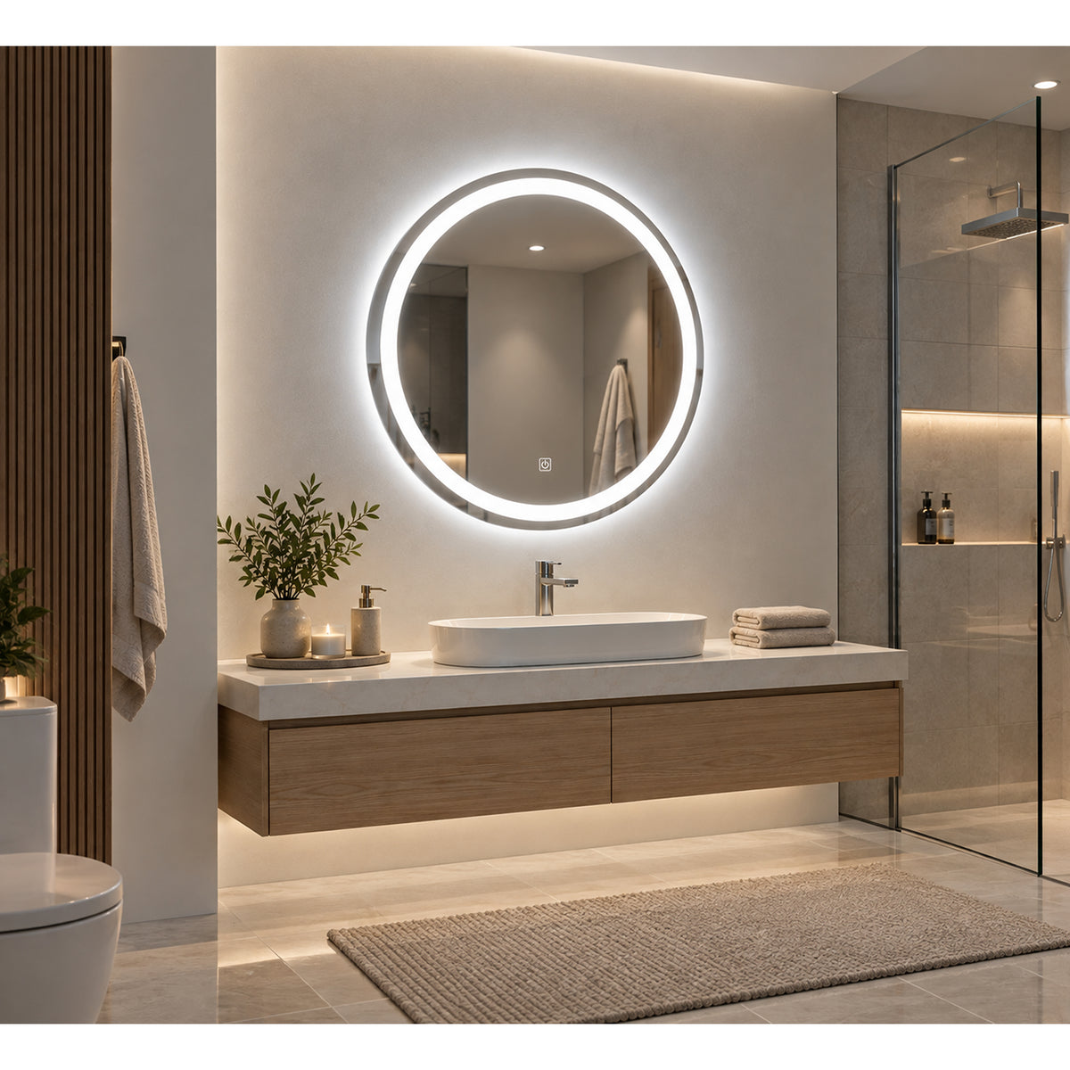 Espejo de baño redondo blanco LED 60x60 cm con control touch