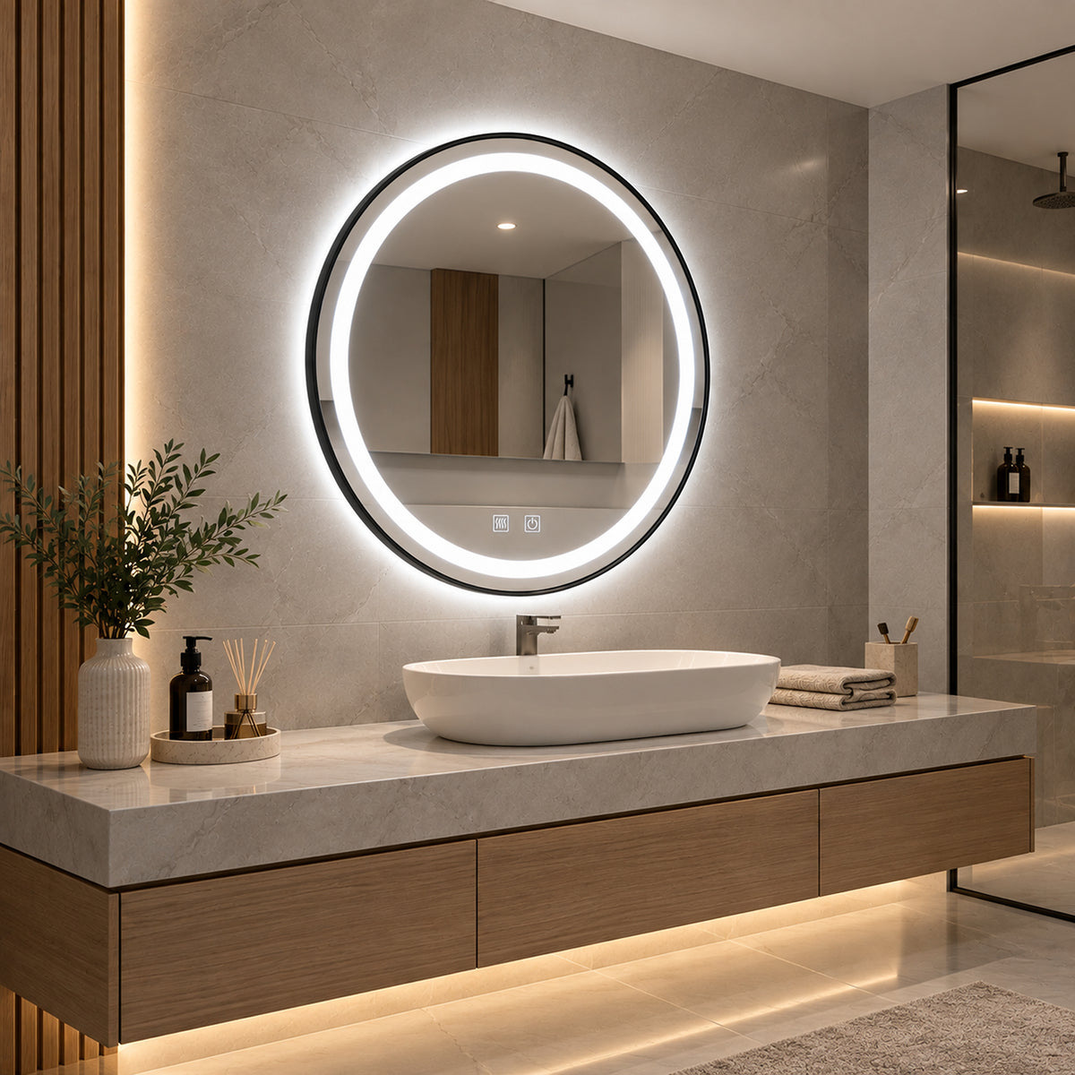 Espejo de baño redondo plateado con luz LED antivaho 70x70 cm