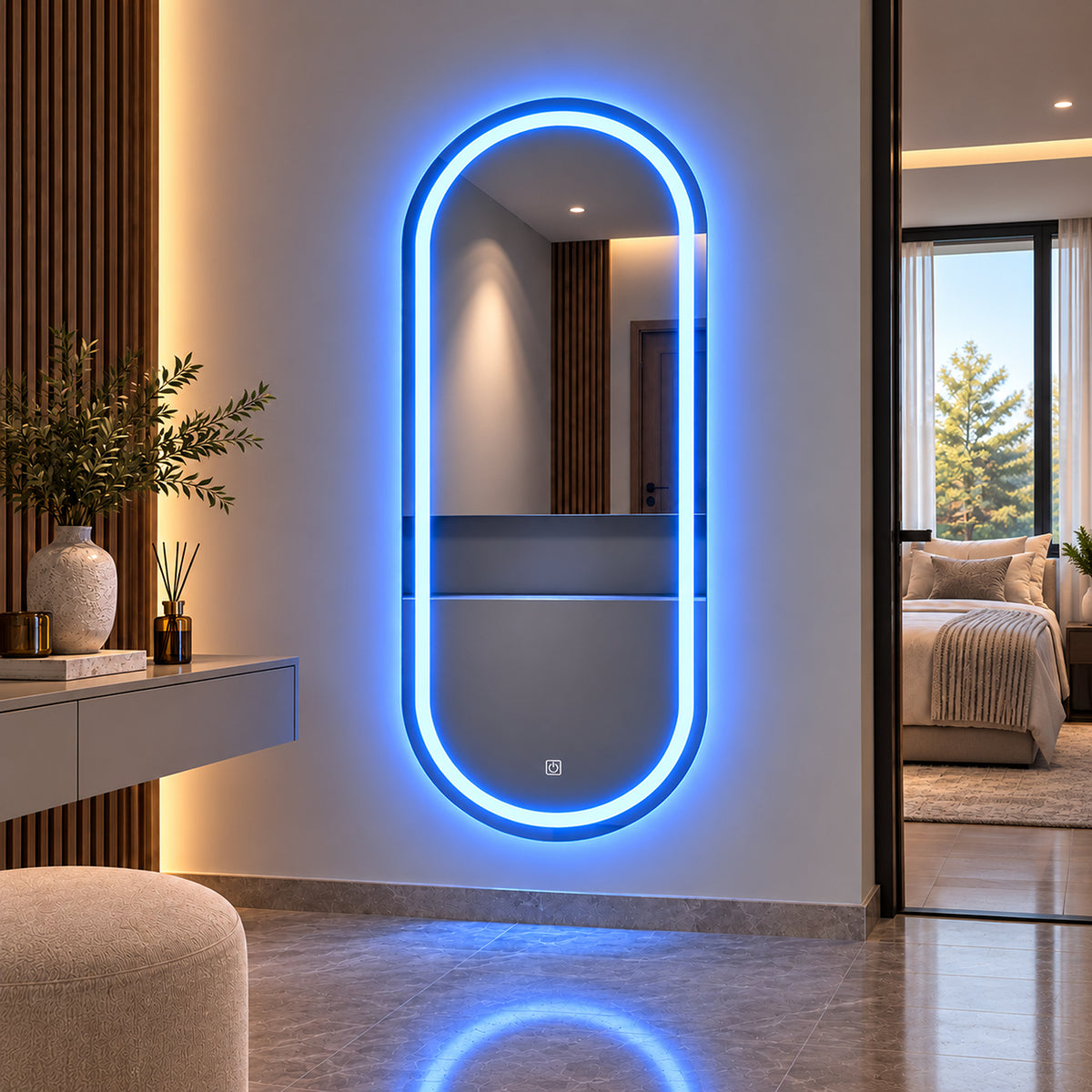 Espejo de baño ovalado plateado con luz LED touch 100x60 cm