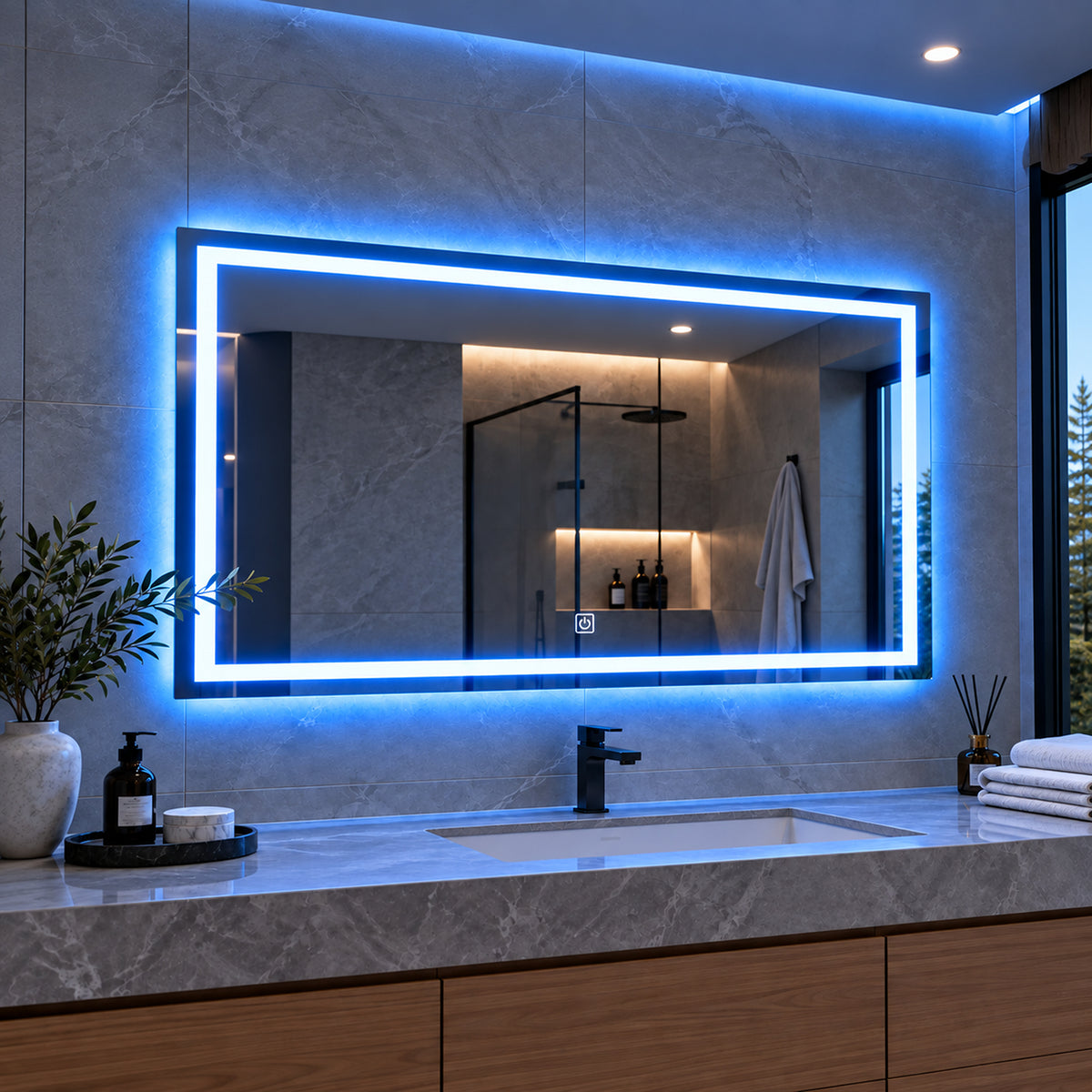 Espejo de baño LED plateado 100x70 cm con touch y luz multitemperatura