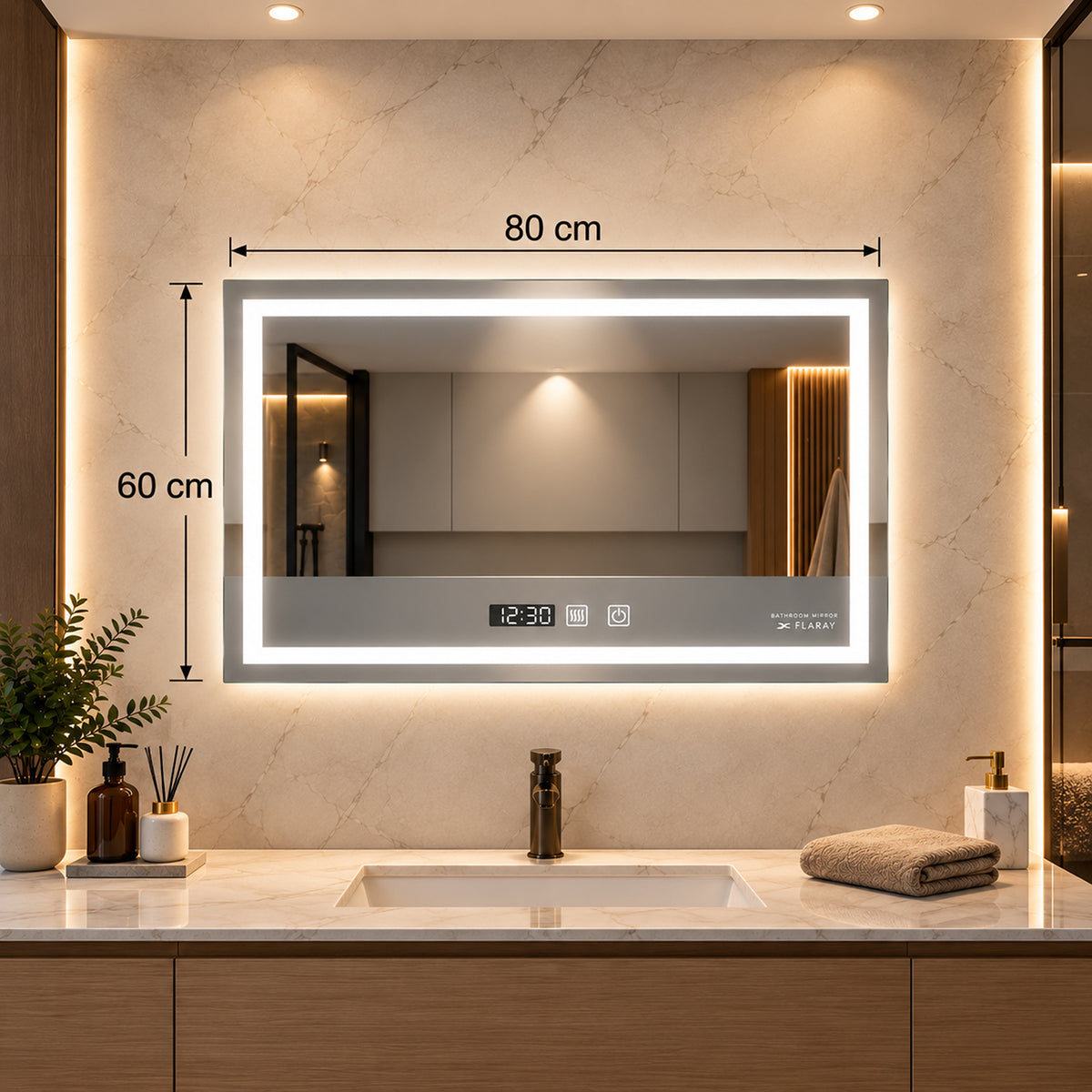 Espejo de baño LED plateado 80x60 cm con antivaho y reloj digital
