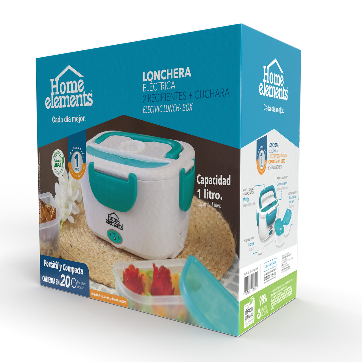 Lonchera eléctrica Home Elements azul turquesa 1 L 40 W con 2 recipientes