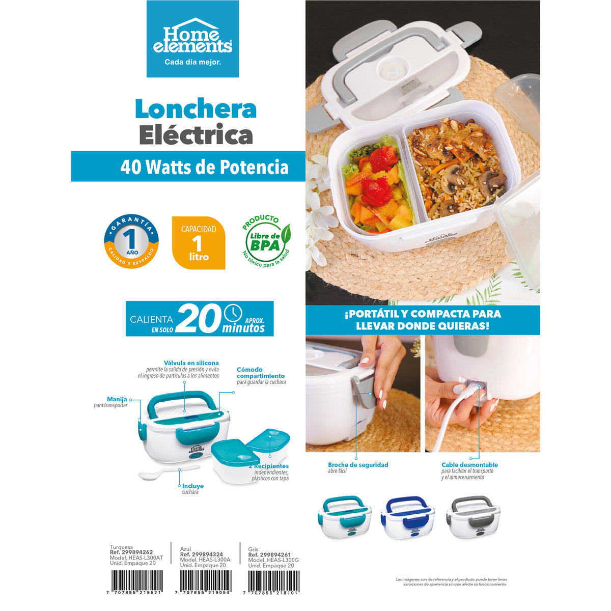 Lonchera eléctrica Home Elements azul turquesa 1 L 40 W con 2 recipientes