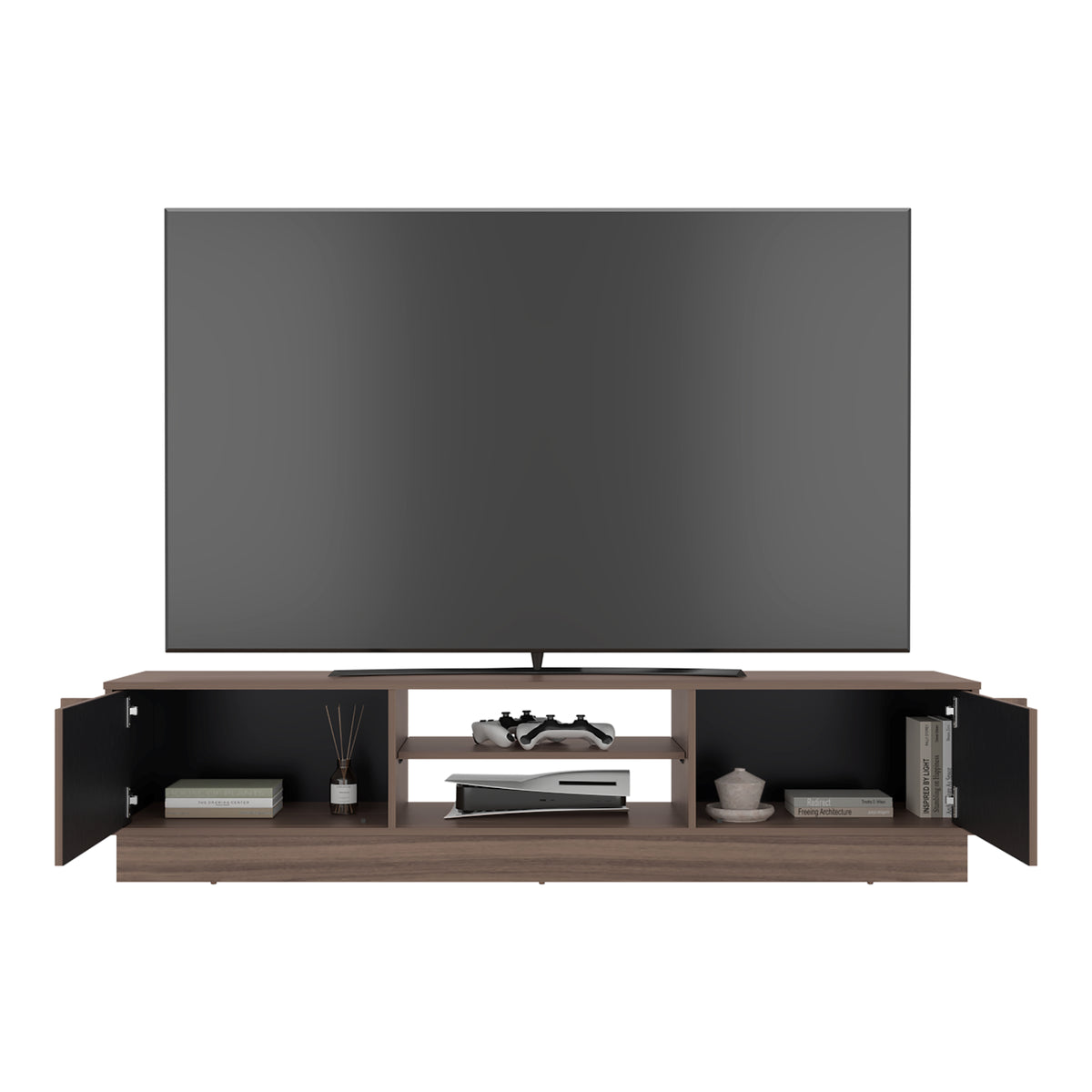 Rack de TV Caoba Avellana y Wengue 180x42.1cm para TV Hasta 75" Pulgadas con Dos Compatimientos