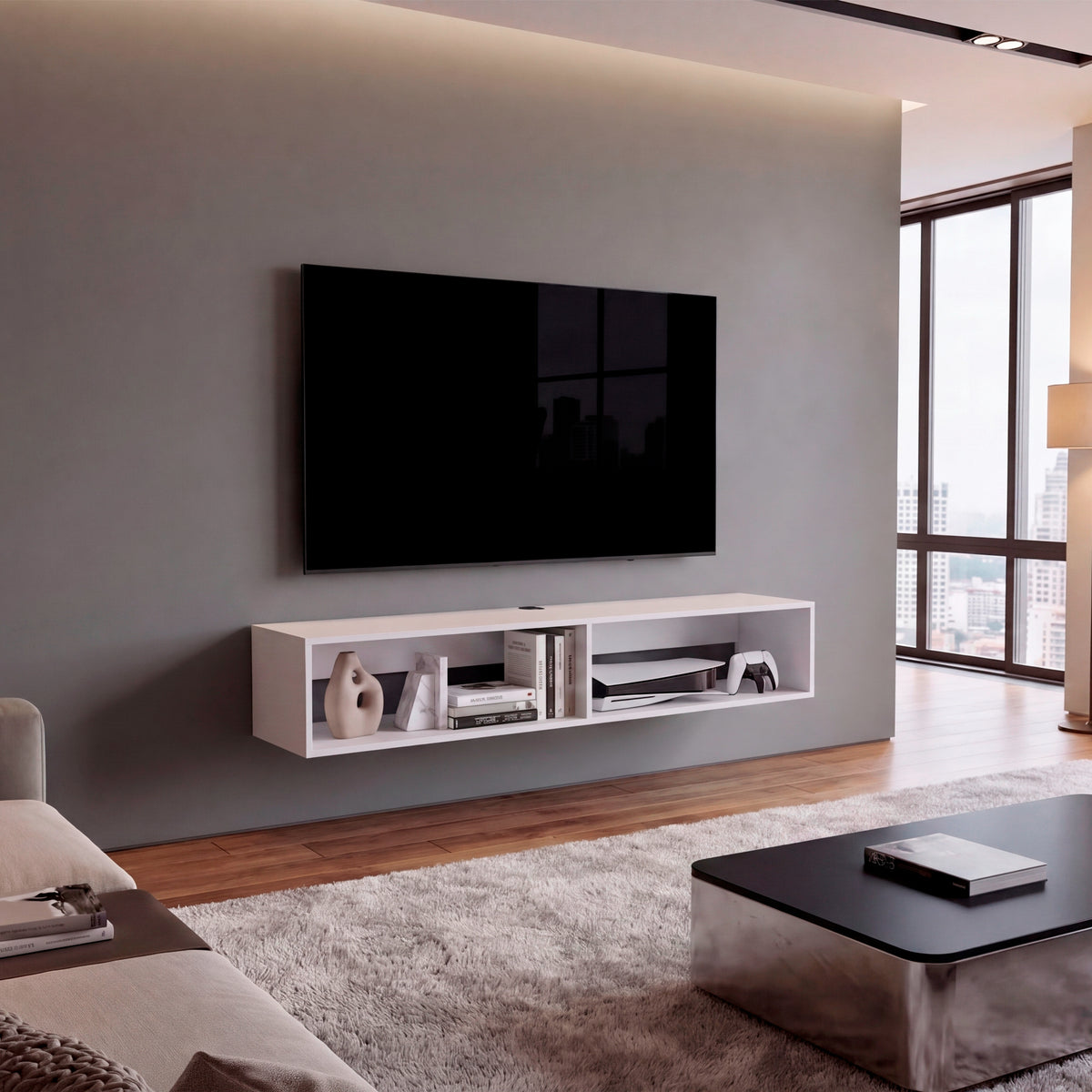 Rack de TV Flotante Blanco 150x25.3cm para TV Hasta 65" Pulgadas con Dos Compatimientos