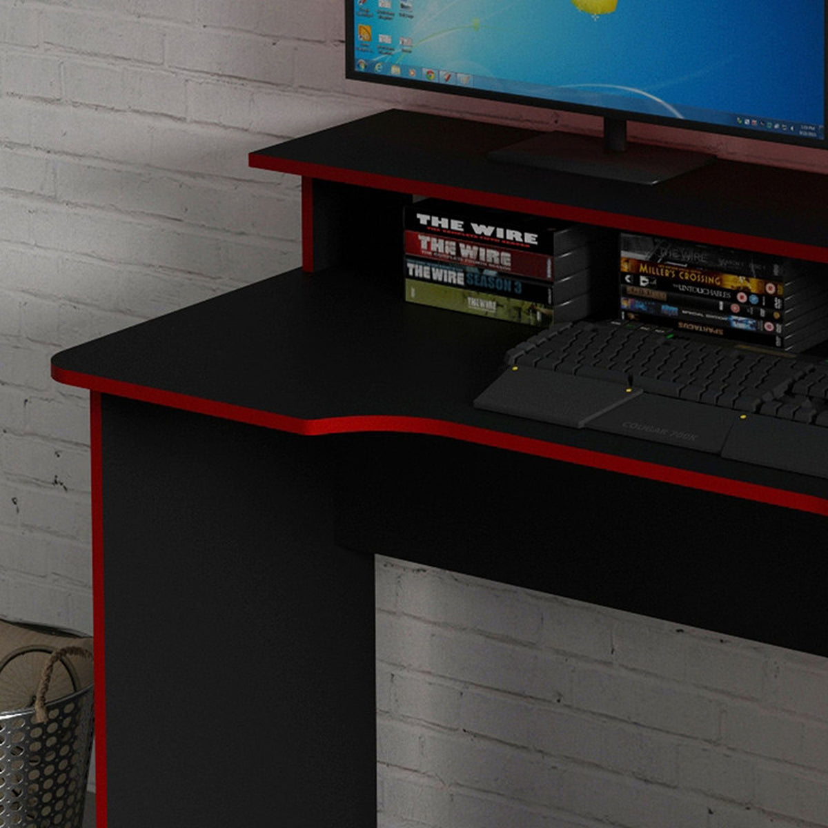 Escritorio gamer Bolonia negro y rojo en MDF 136x89.5cm con repisa superior