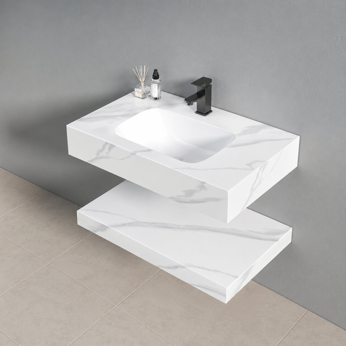 Lavamanos suspendido blanco en piedra sinterizada 80x23 cm con lavamanos integrado