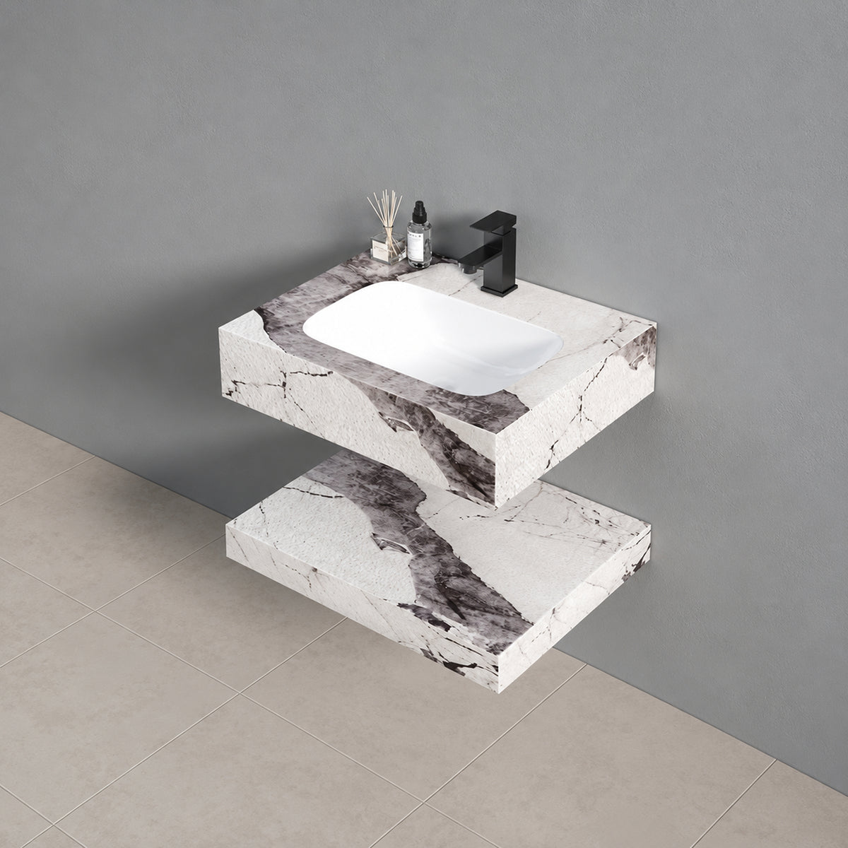 Lavamanos suspendido blanco de piedra sinterizada 60x23 cm con lavamanos integrado