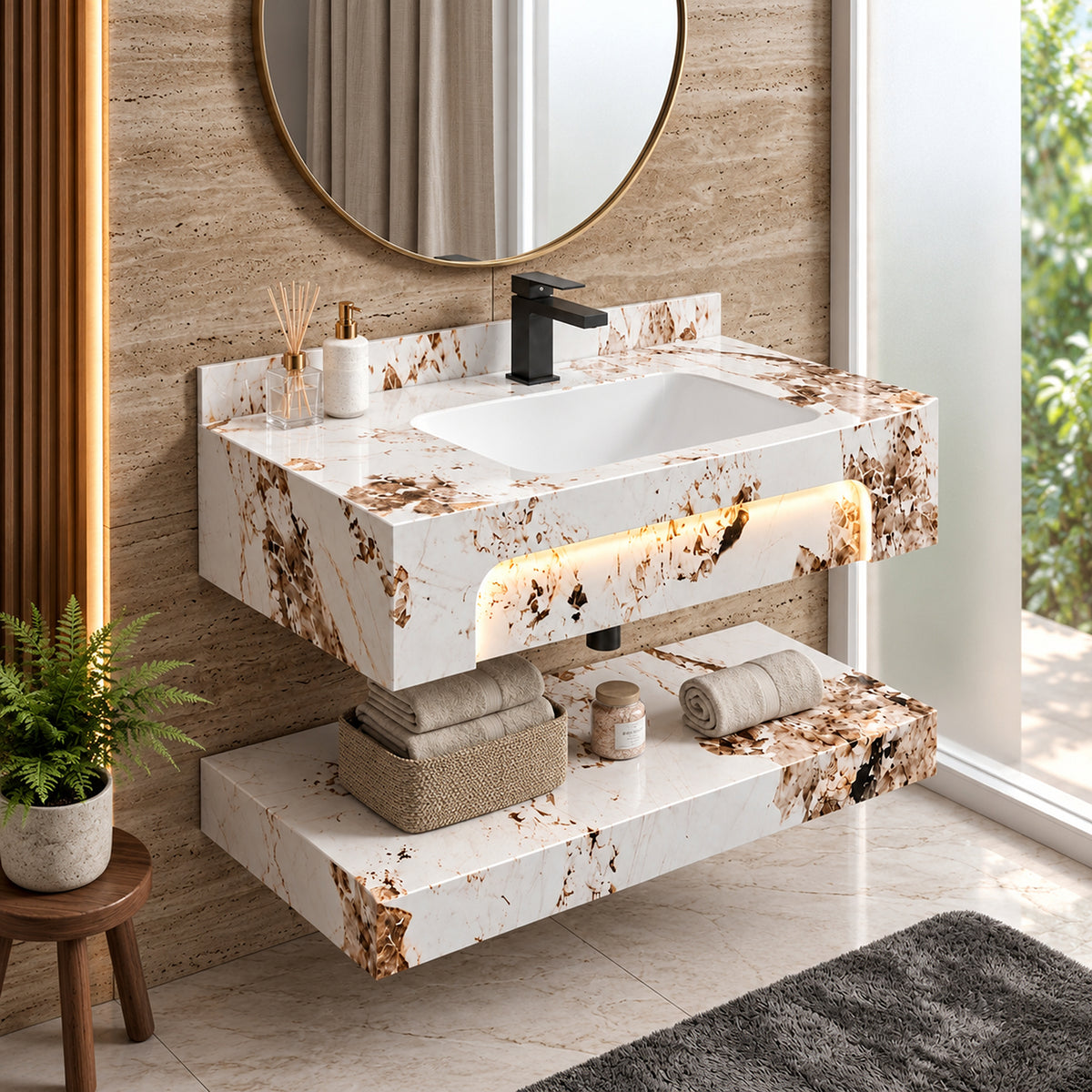 Mueble de baño suspendido blanco con lavamanos integrado LED 80x28 cm