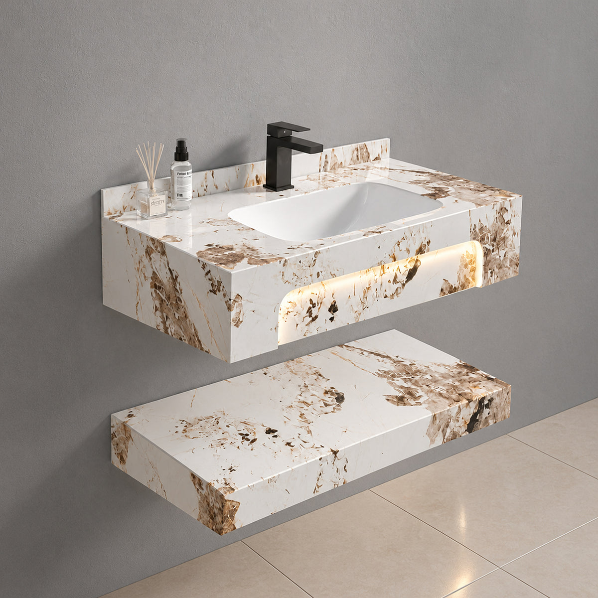 Mueble de baño suspendido blanco con lavamanos integrado LED 80x28 cm
