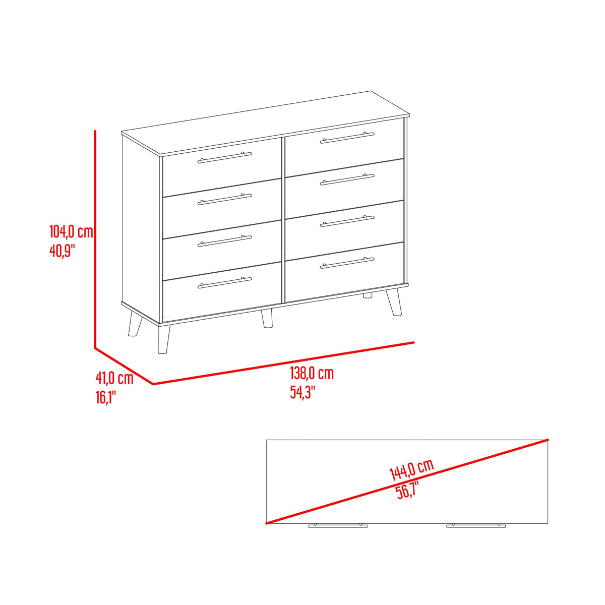 Cómoda Evelyn blanca Fresno Capri de 4 hileras con 8 cajones en MDP 138x104 cm