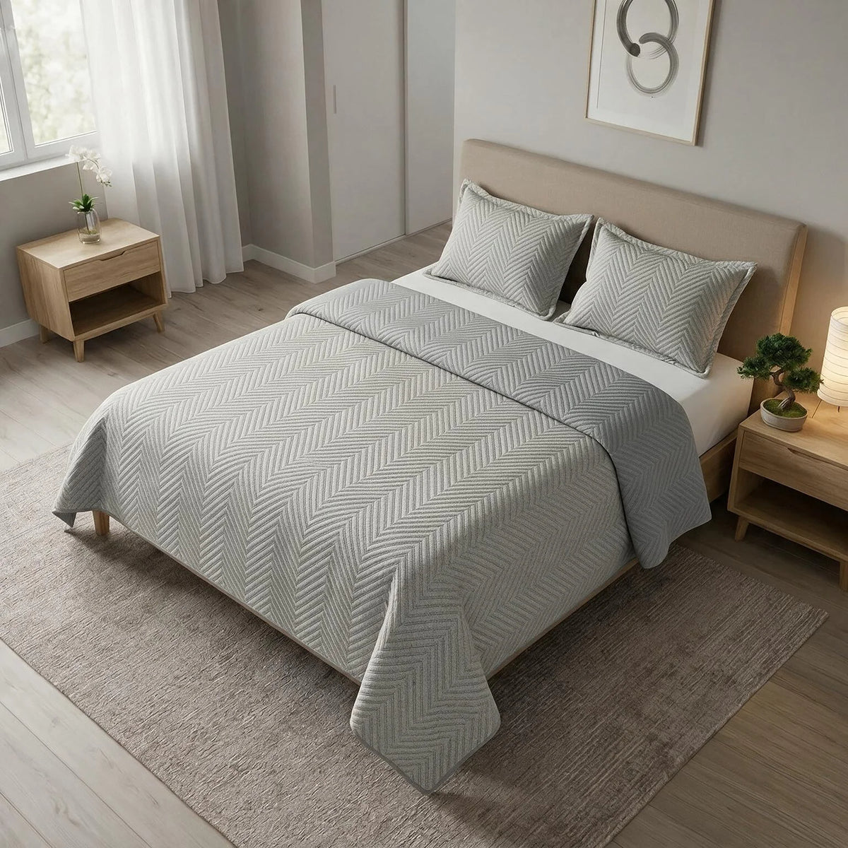 Tendido queen gris Kyoto 160x190 cm en microfibra con 2 fundas