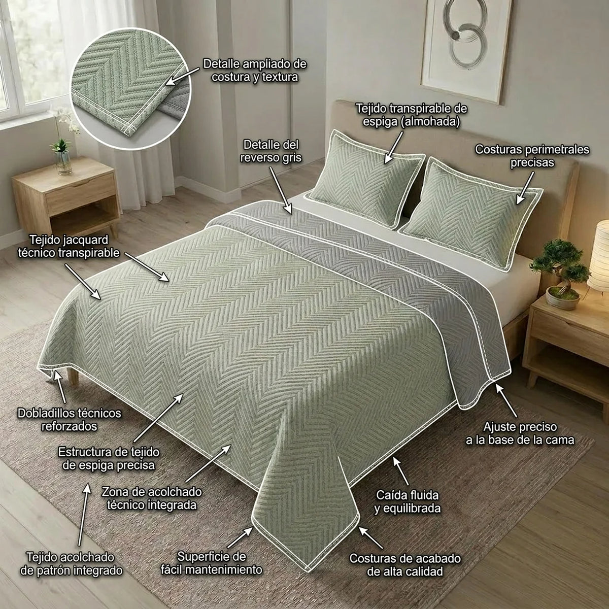 Tendido queen gris Kyoto 160x190 cm en microfibra con 2 fundas