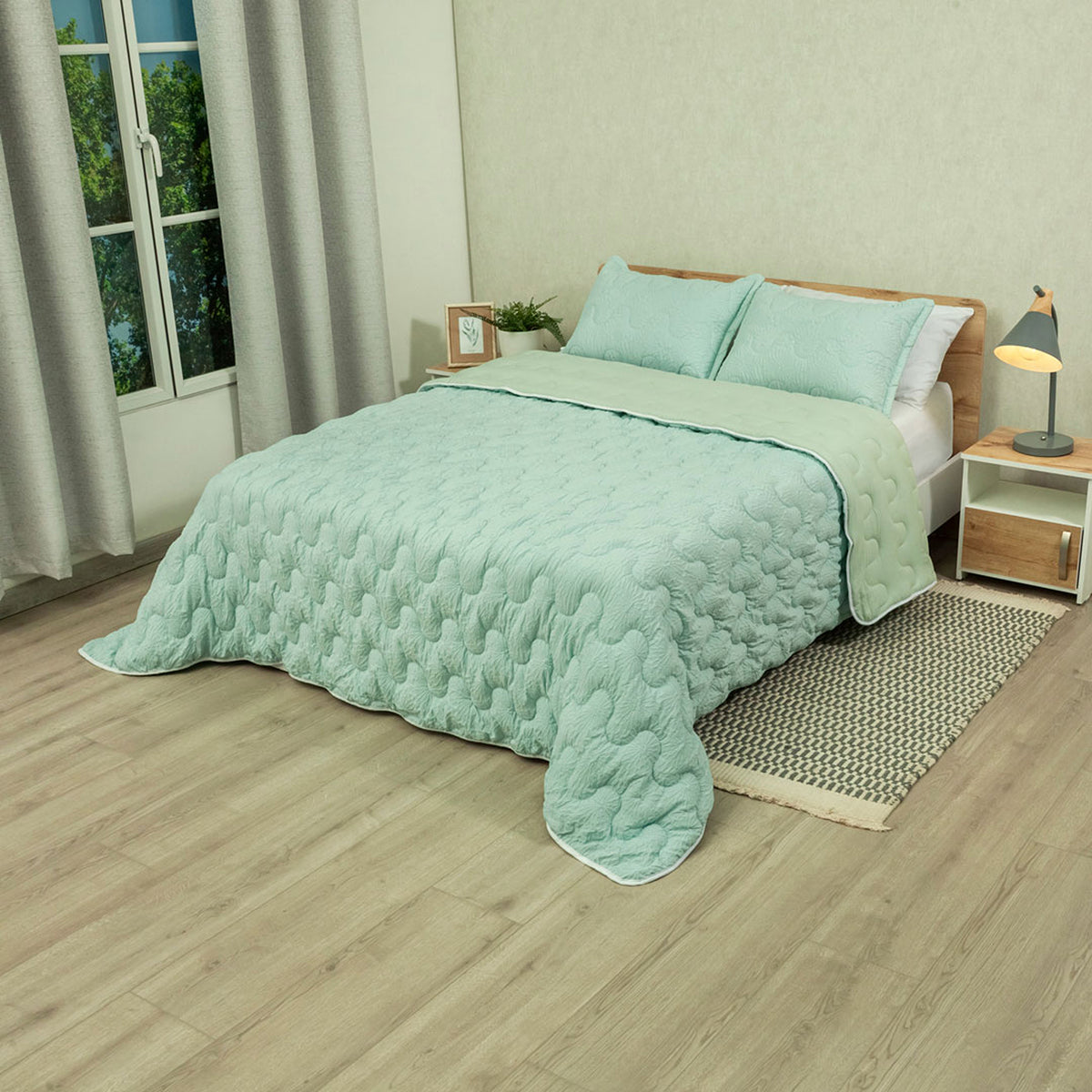 Cubrelecho para cama doble verde Flora superacolchado en microfibra 140x190 cm