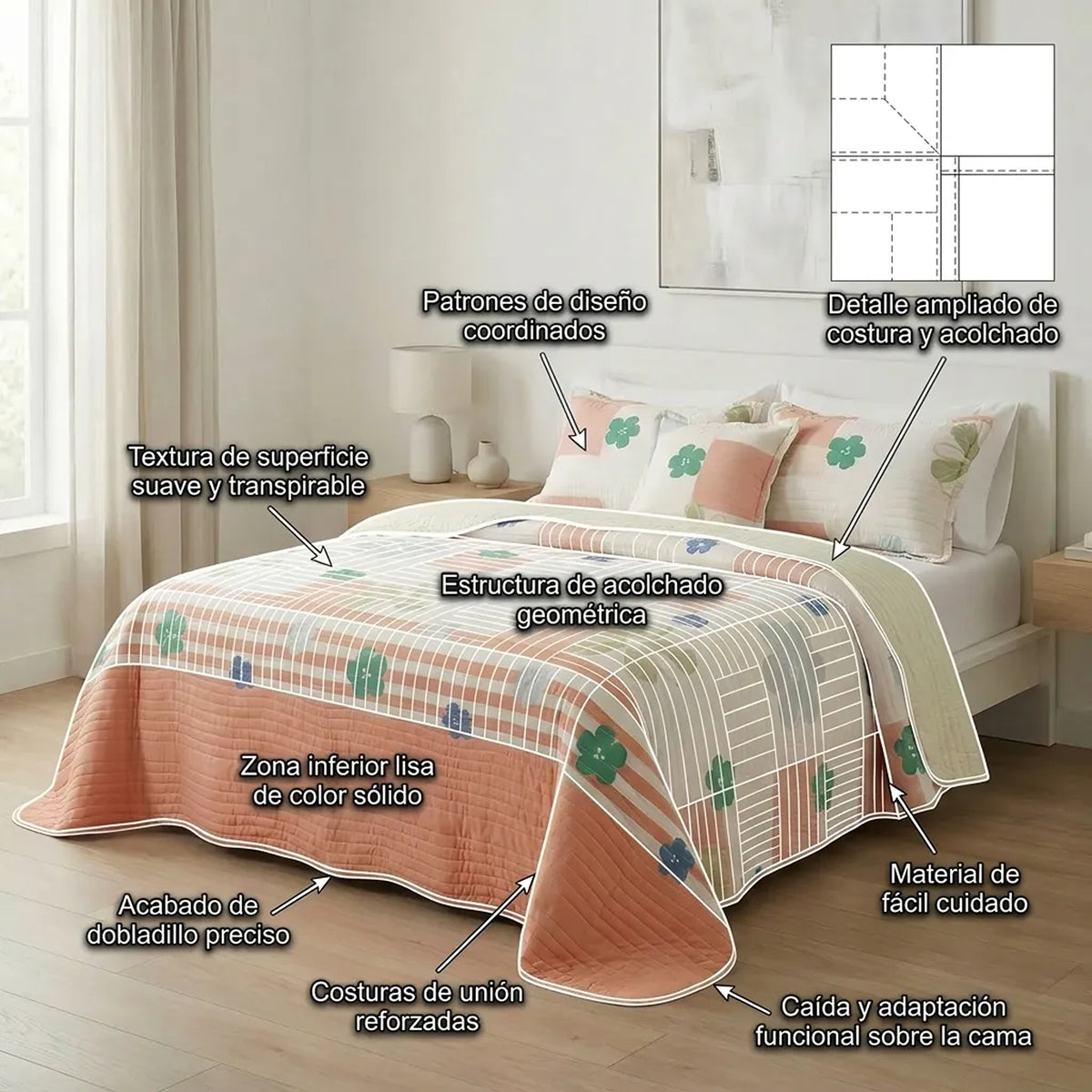 Cubrelecho semidoble Rosella floral salmón doble faz en microfibra 120x190 cm