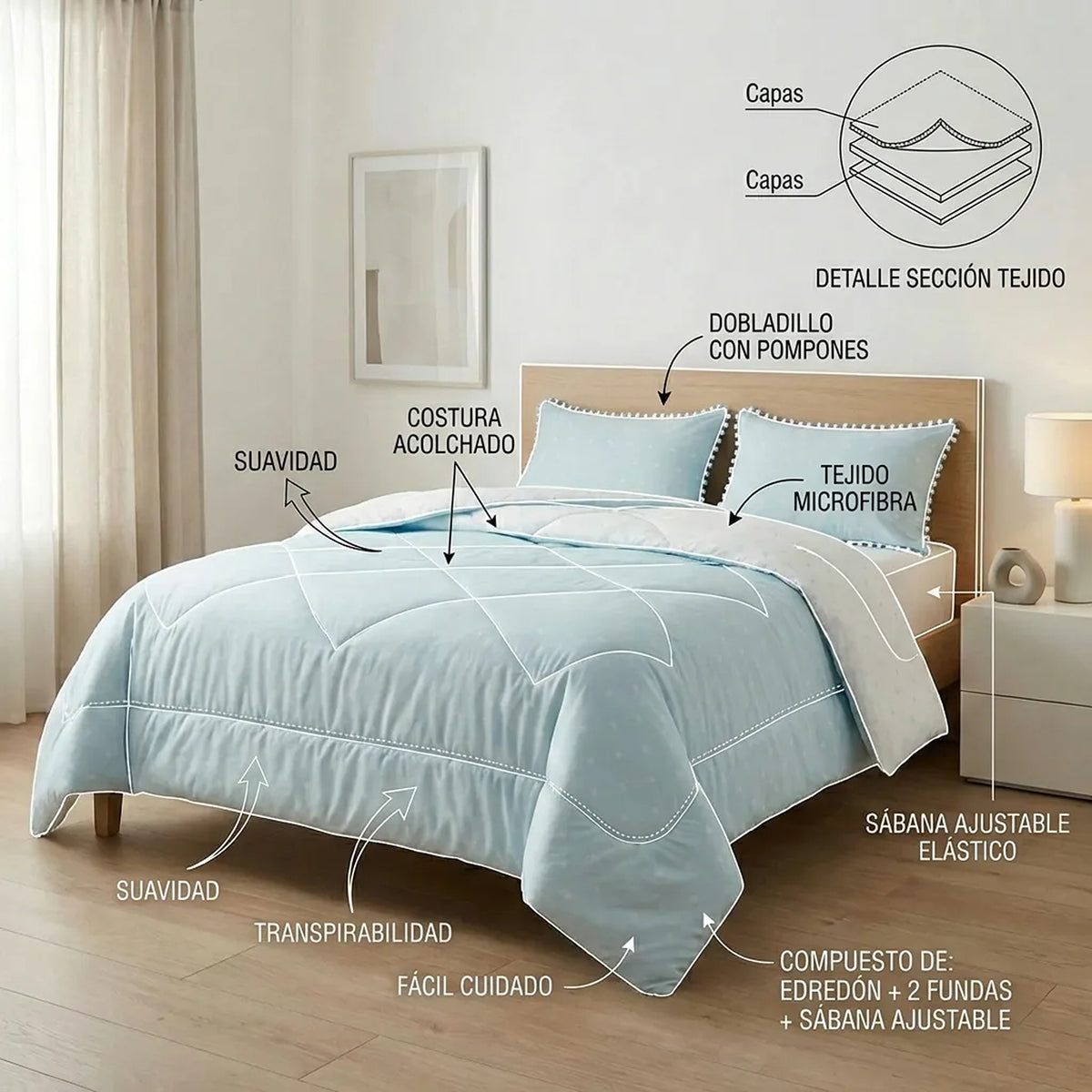 Cubrelecho para cama doble azul Luno 140x190 cm superacolchado doble faz