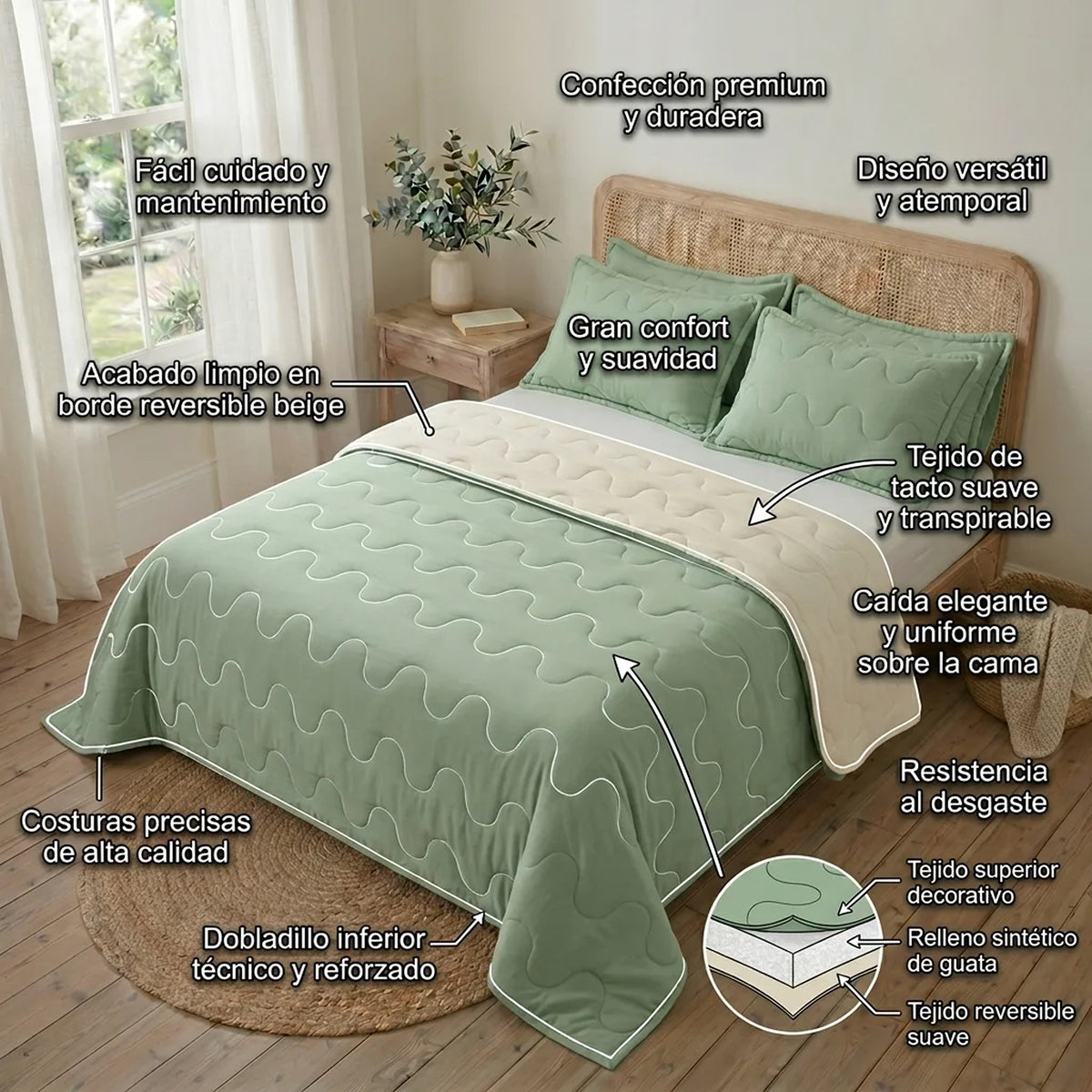 Cubrelecho acolchado Cotton Sense king verde y beige doble faz en microfibra 200x200 cm