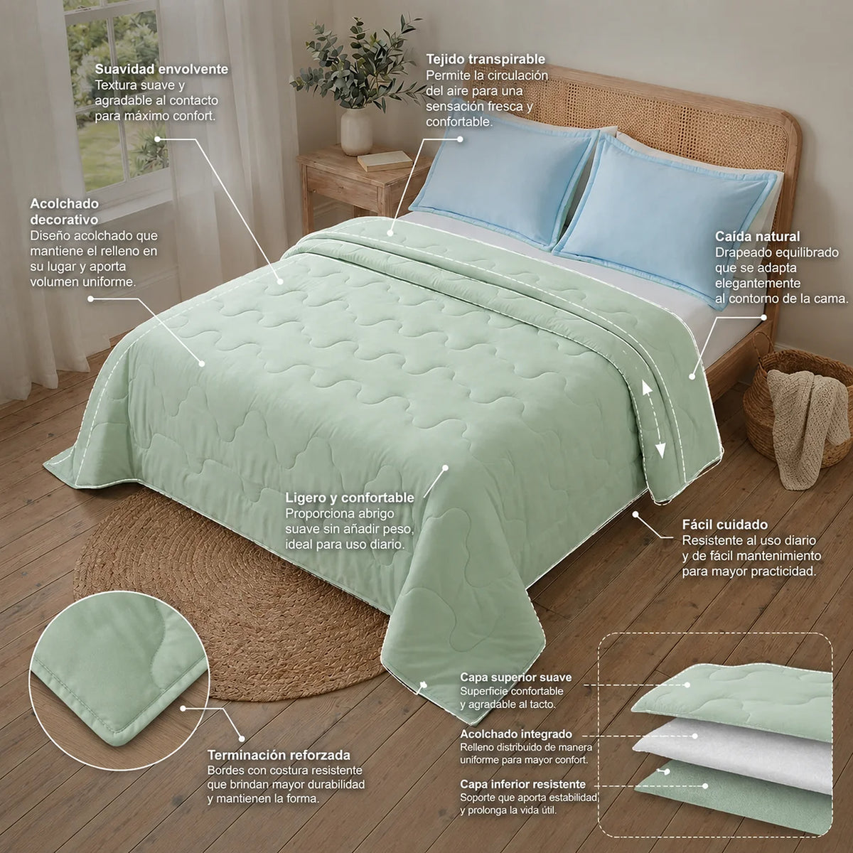Cubrelecho acolchado king verde Cotton Sense doble faz 200x200 cm en microfibra