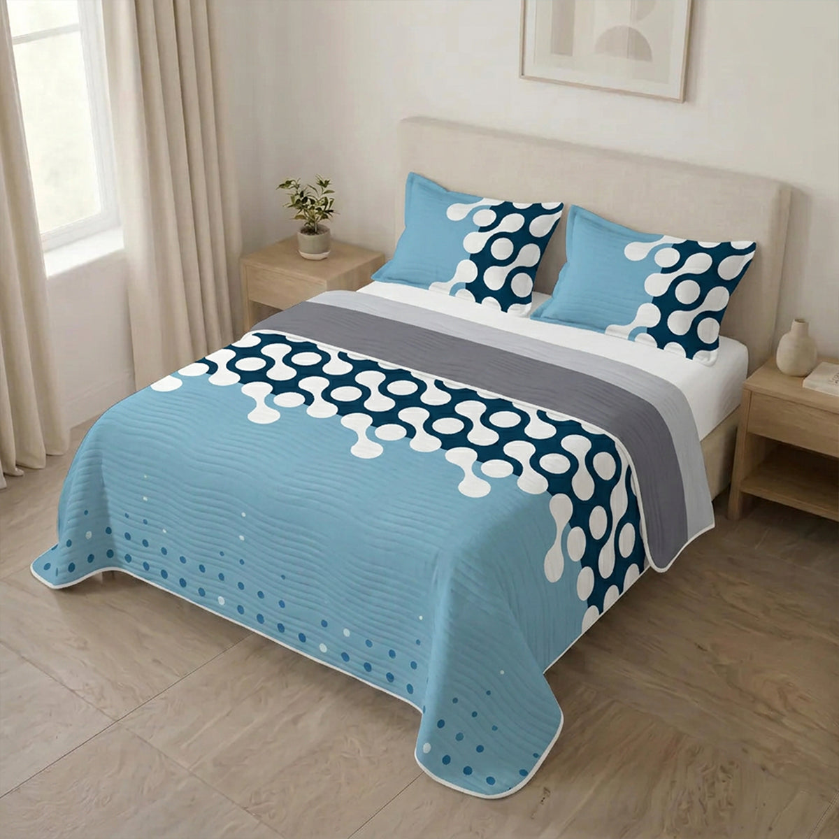 Cubrelecho Espuma Marina para cama doble azul estampado doble faz en microfibra 140x190 cm