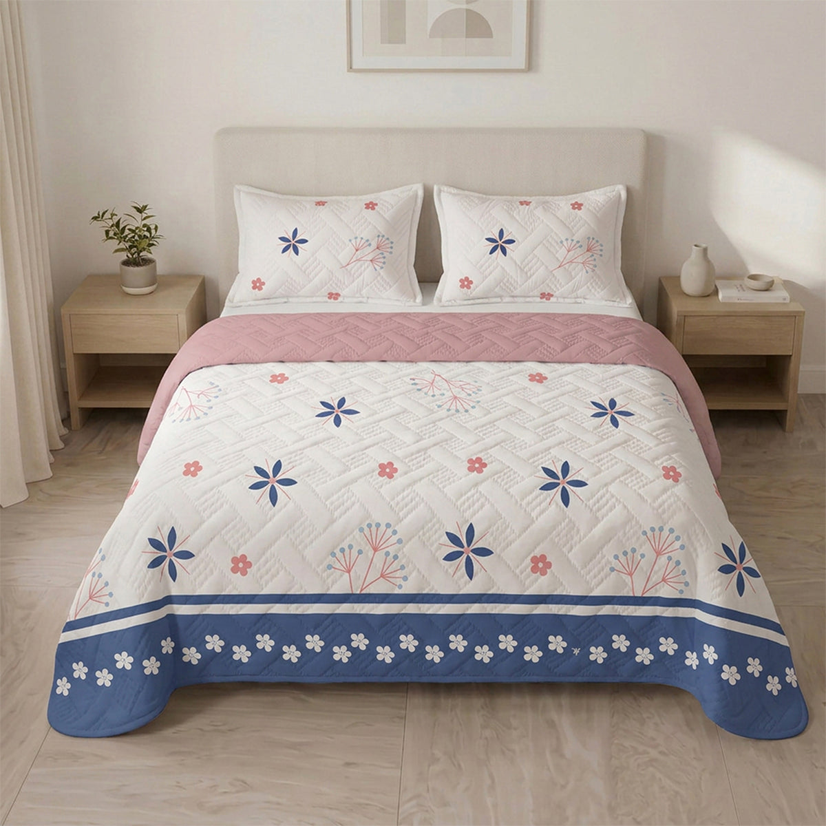 Cubrelecho sencillo Reef Rosa blanco y salmón en microfibra 100x190 cm