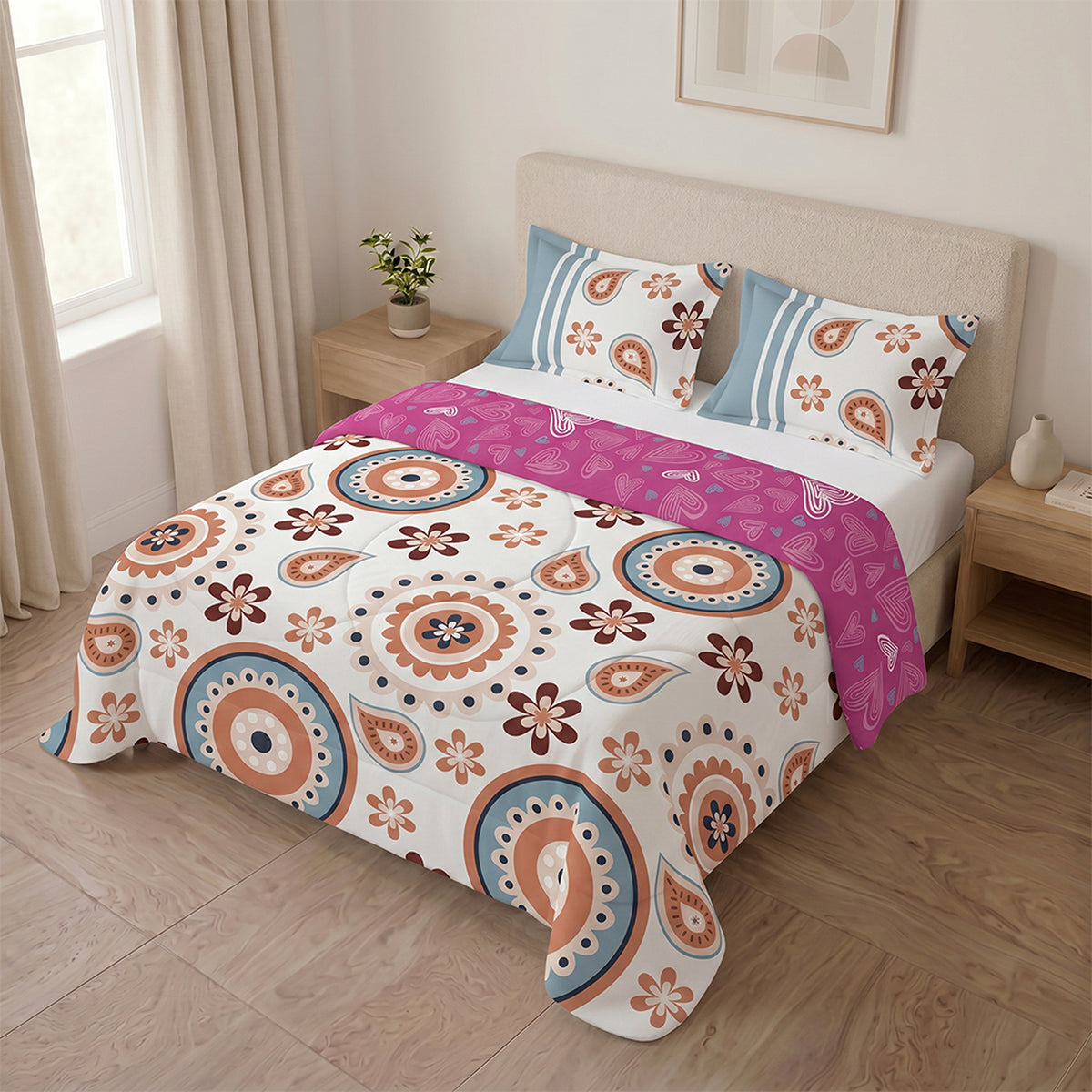 Cubrelecho para cama doble blanco y fucsia 140x190 cm doble faz en microfibra