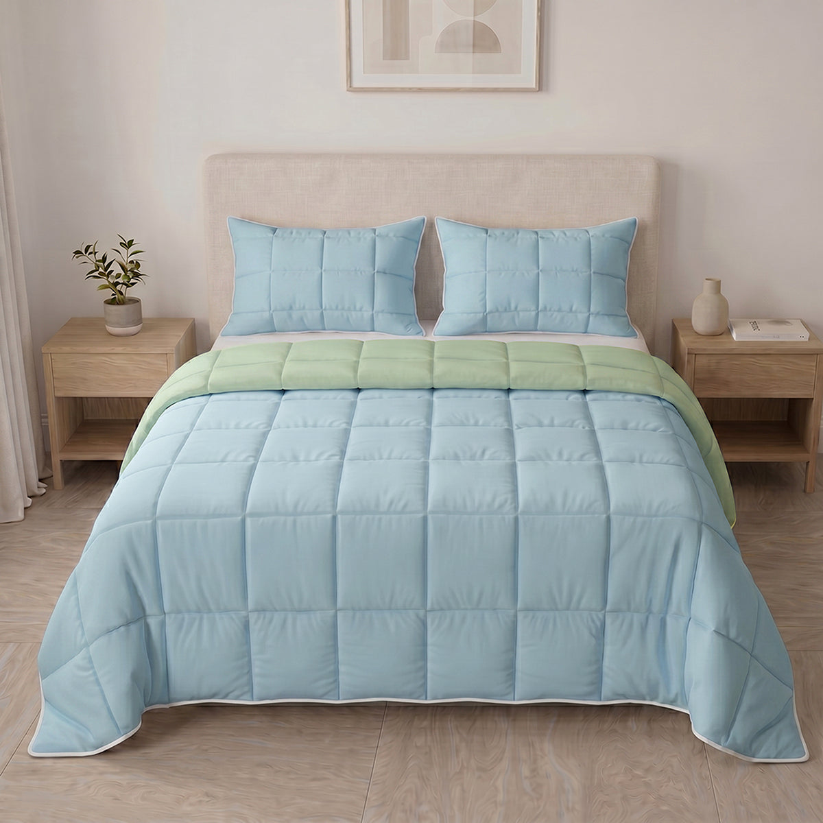 Cubrelecho king azul claro y verde doble faz en microfibra 200x200 cm