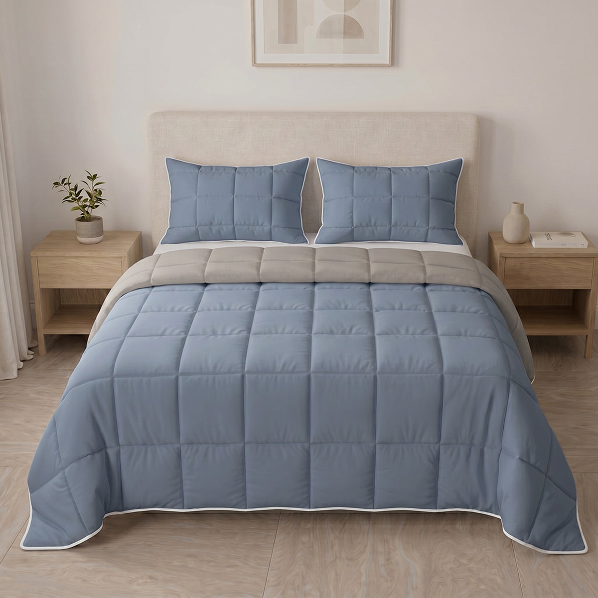 Cubrelecho acolchado para cama doble faz gris y azul en microfibra 140x190 cm