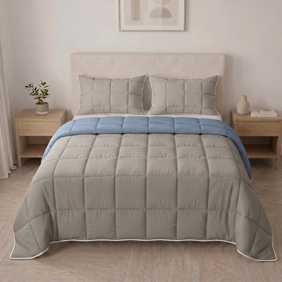 Cubrelecho king gris y azul doble faz en microfibra 200x200 cm