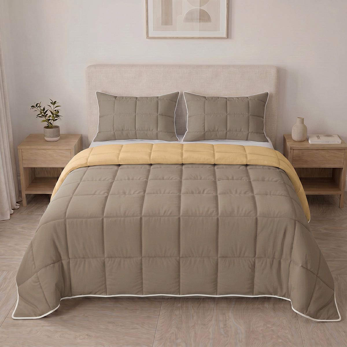 Cubrelecho king amarillo y café doble faz en microfibra 200x200 cm