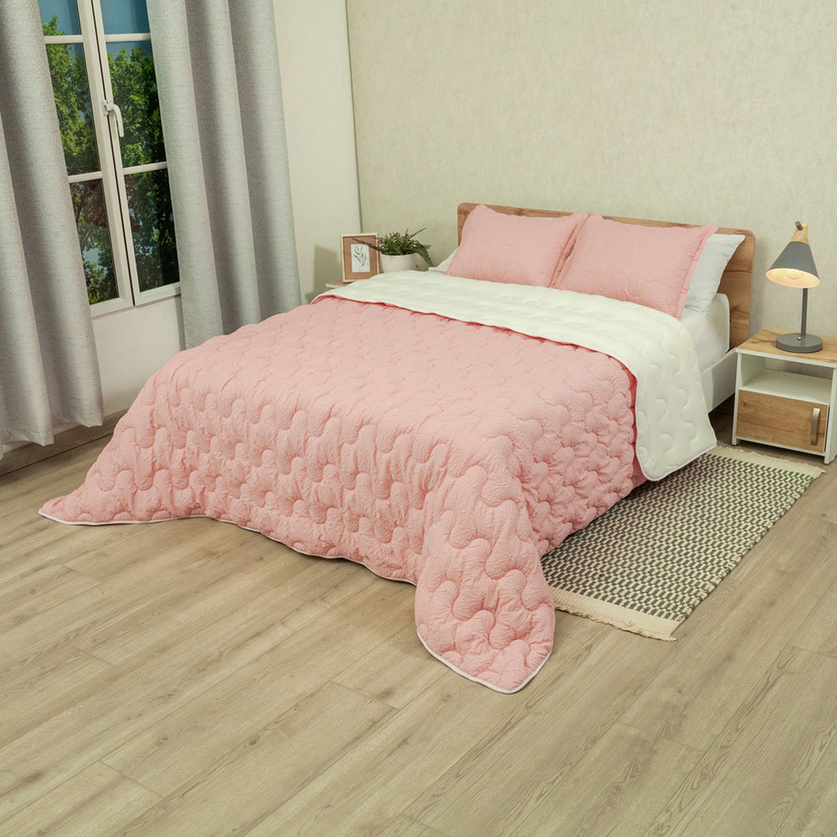 Cubrelecho king rosado Flora superacolchado en microfibra 200x200 cm
