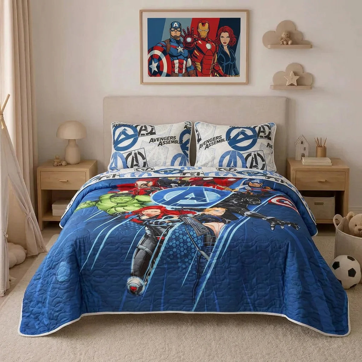Cubrelecho infantil sencillo azul Disney core Avengers doble faz en microfibra 100x190 cm