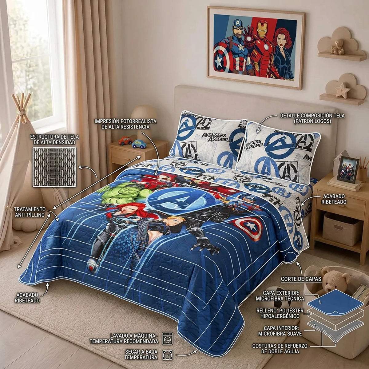 Cubrelecho infantil sencillo azul Disney core Avengers doble faz en microfibra 100x190 cm