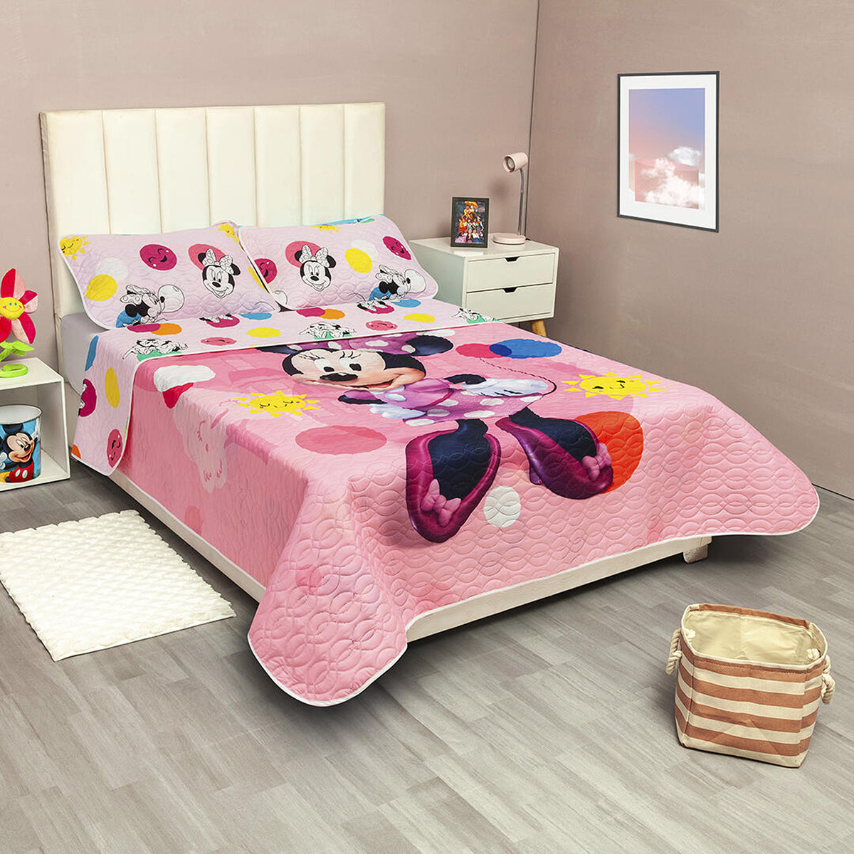 Cubrelecho infantil rosado Disney Core Minnie Jr semidoble 120x190 cm doble faz 3 piezas