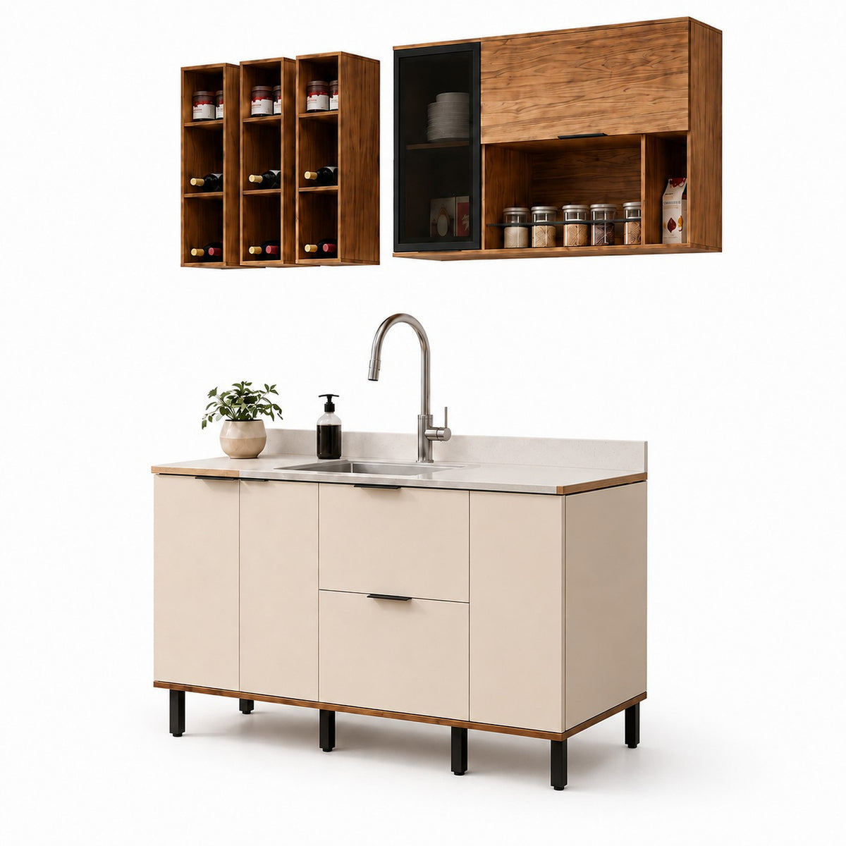 Cocina Ibiza Natural y Blanco Apagado 160x163.5cm con Cuatro Puertas sin Mesón y Sin Estufa