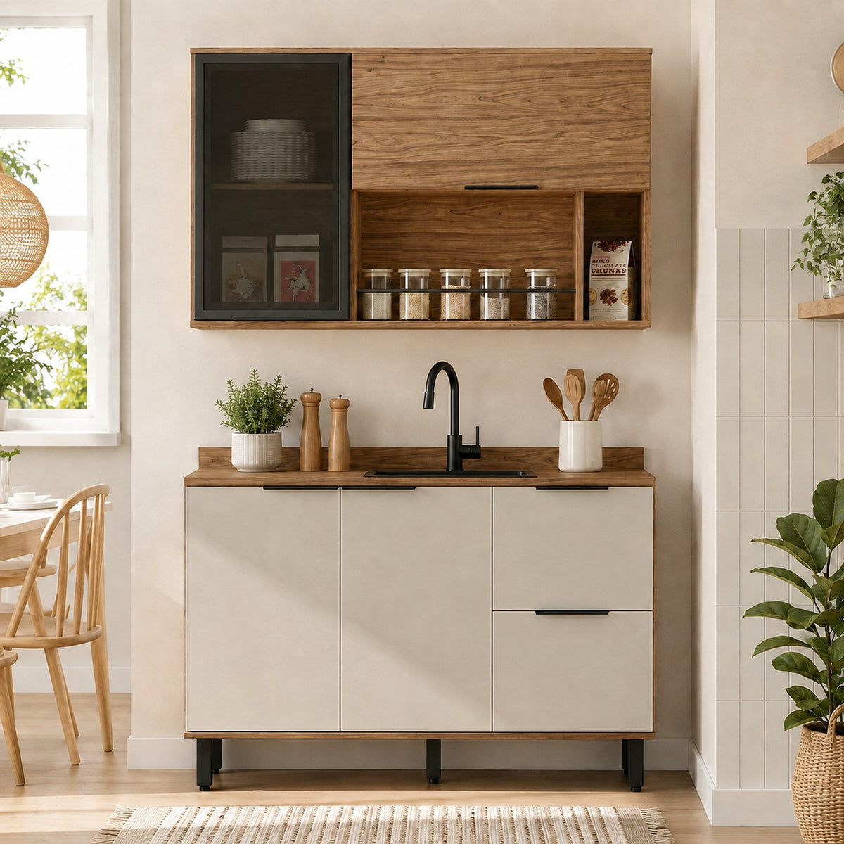 Cocina Malta Natural y Blanco Apagado 120x163.5cm con Cuatro Puertas sin Mesón y Sin Estufa