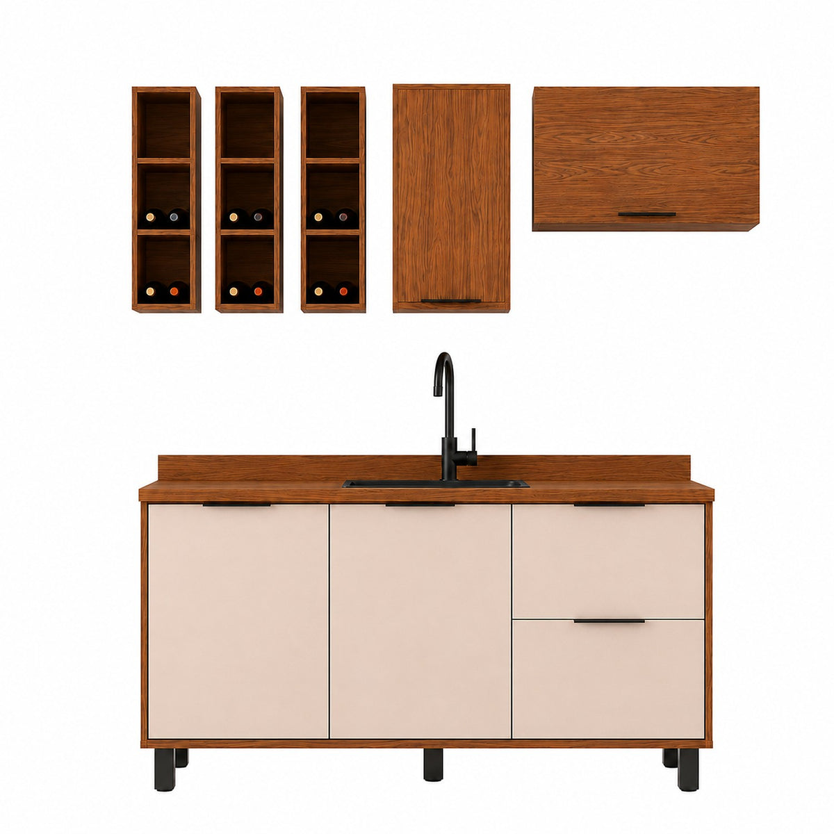 Cocina Bahamas Almendra y Blanco Apagado 180x163.5cm con Cuatro Puertas sin Mesón y Sin Estufa
