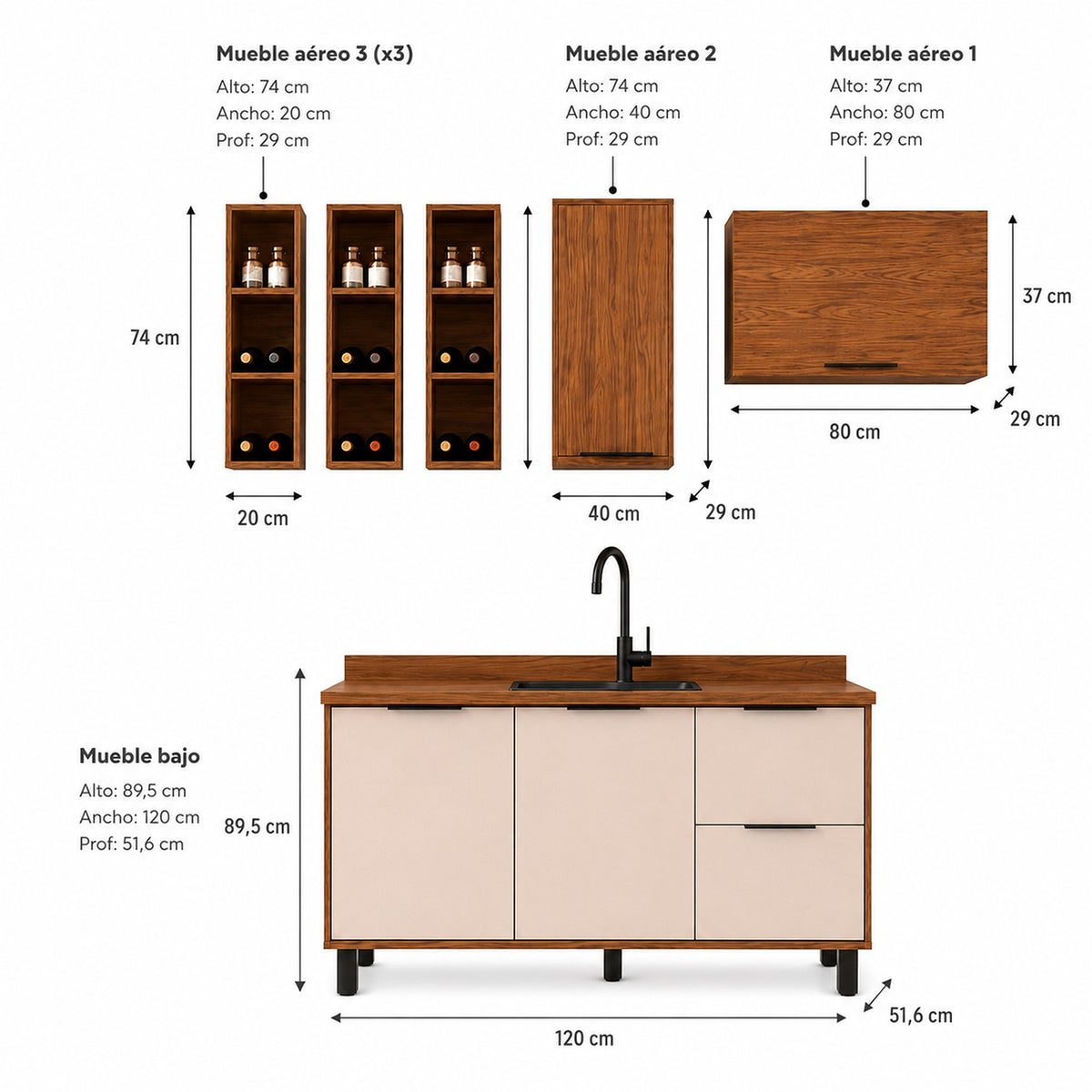 Cocina Bahamas Almendra y Blanco Apagado 180x163.5cm con Cuatro Puertas sin Mesón y Sin Estufa
