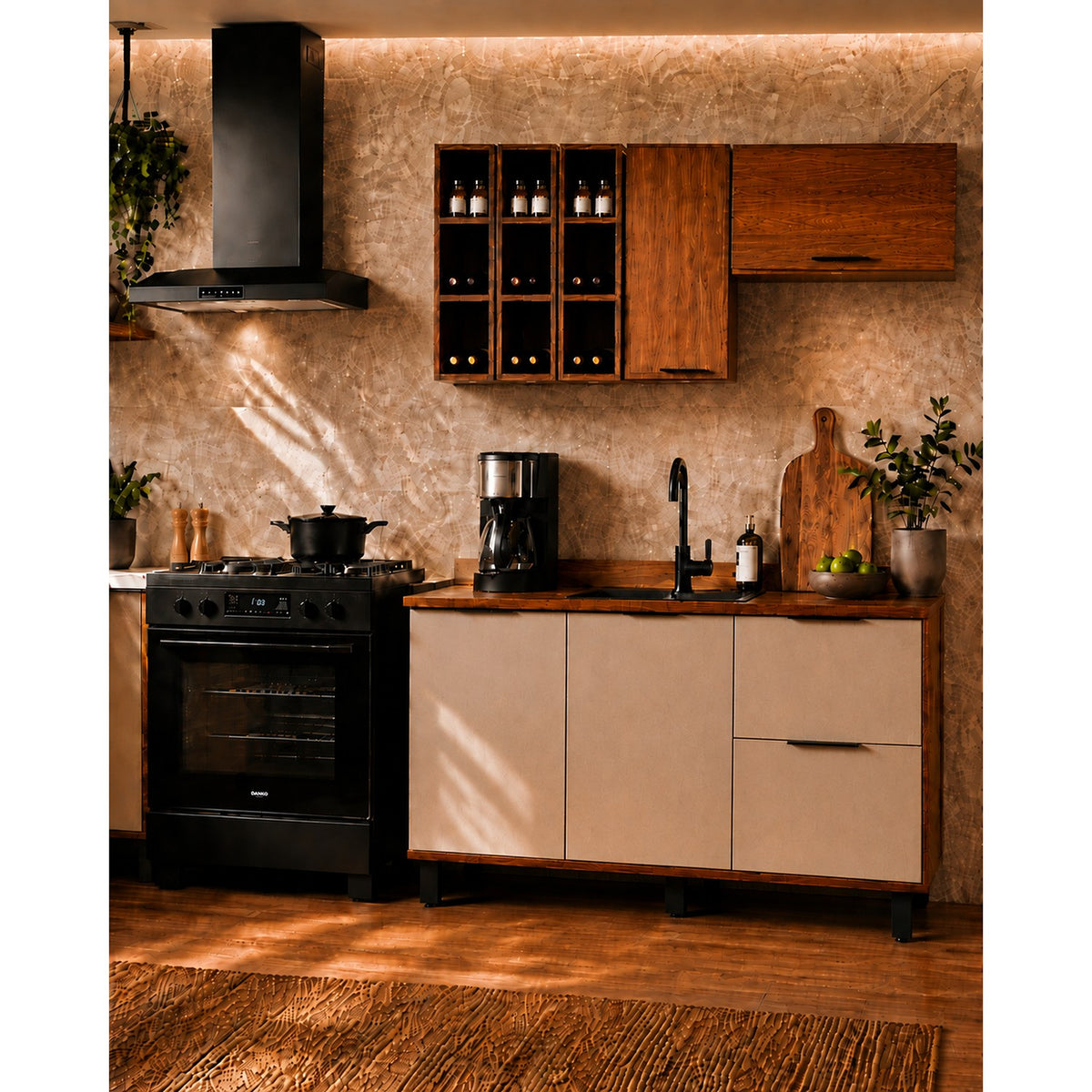 Cocina Bahamas Almendra y Blanco Apagado 180x163.5cm con Cuatro Puertas sin Mesón y Sin Estufa