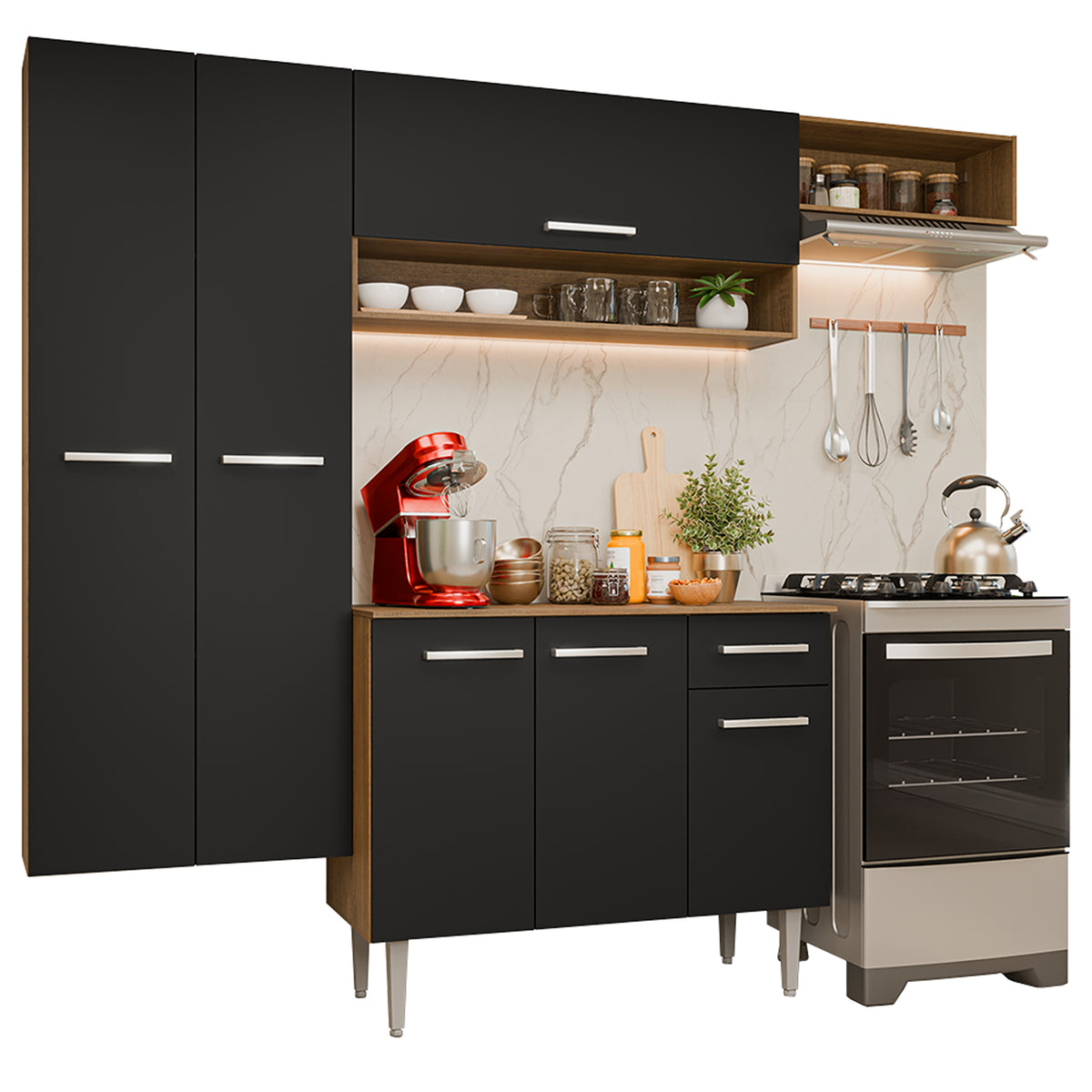Cocina integral Deli marrón y negro en MDP 220x201 cm con mesón de madera aglomerada sin pozuelo y sin estufa