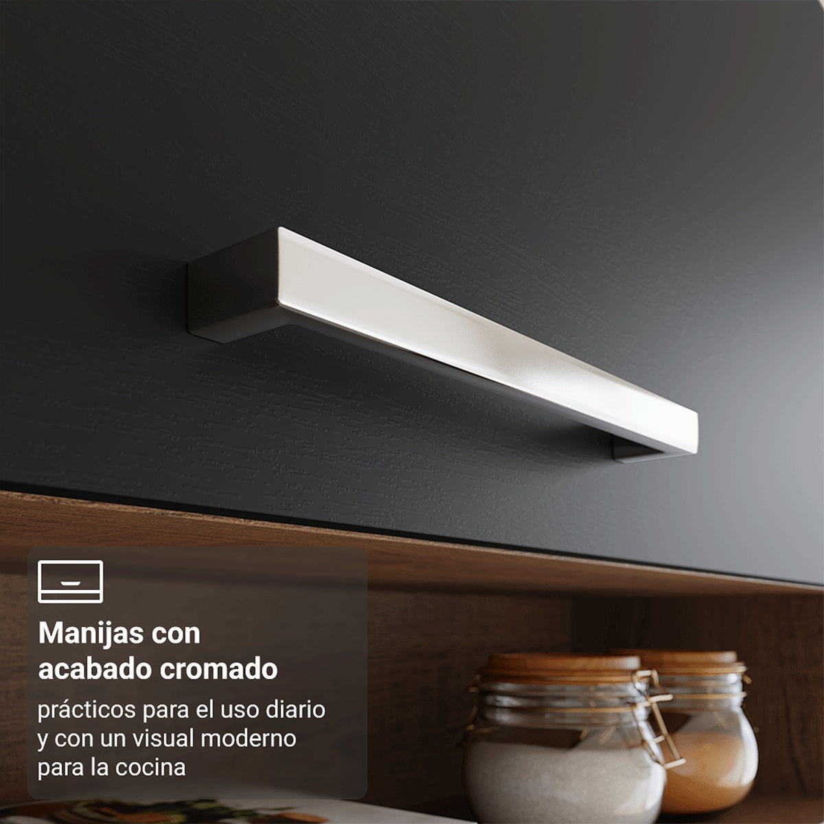 Cocina integral Deli marrón y negro en MDP 220x201 cm con mesón de madera aglomerada sin pozuelo y sin estufa
