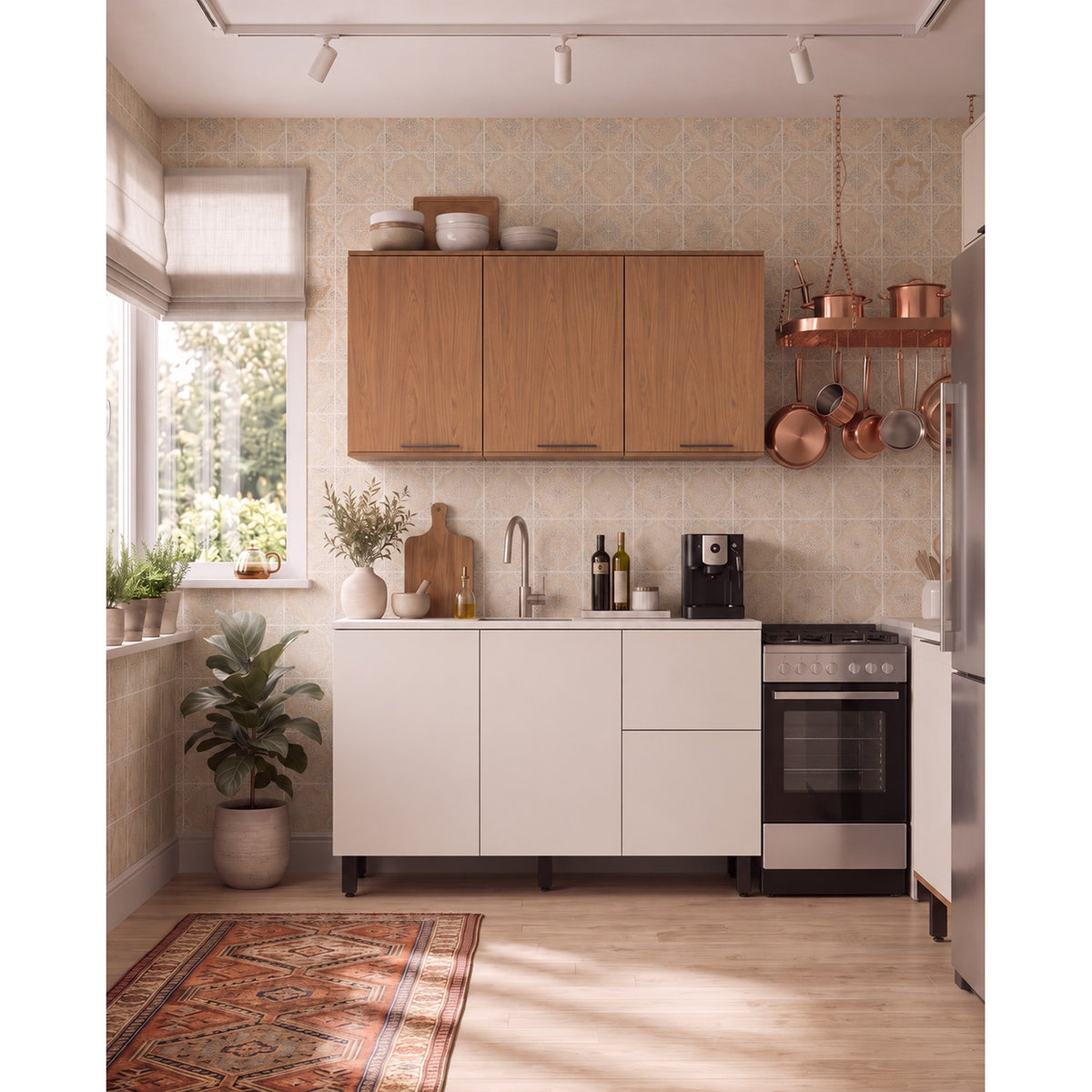 Cocina Dominica Natural y Blanco Apagado 120x145.5cm con Cinco Puertas sin Mesón y Sin Estufa