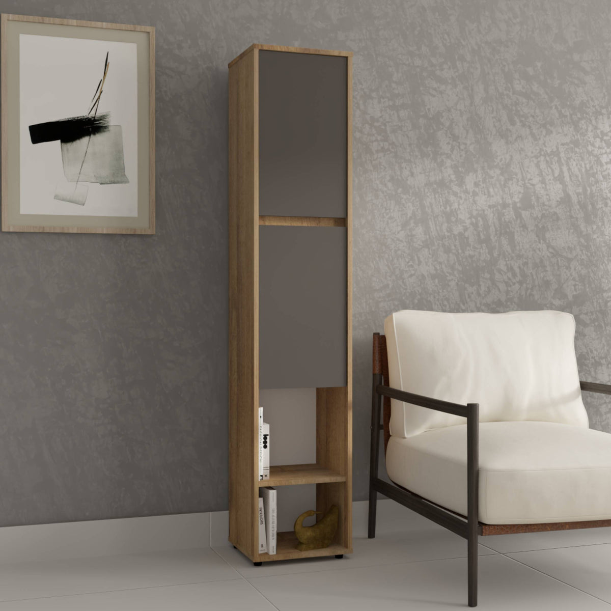 Biblioteca amaretto y plomo en MDF con 2 puertas 33.4x166 cm