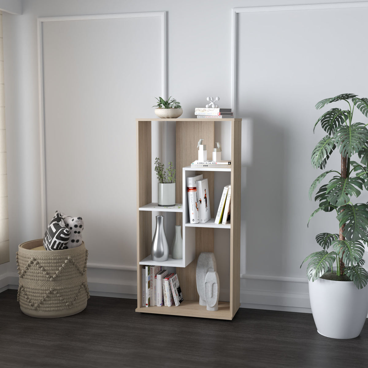 Biblioteca moderna arena y blanco en MDF 60x120 cm con 4 entrepaños